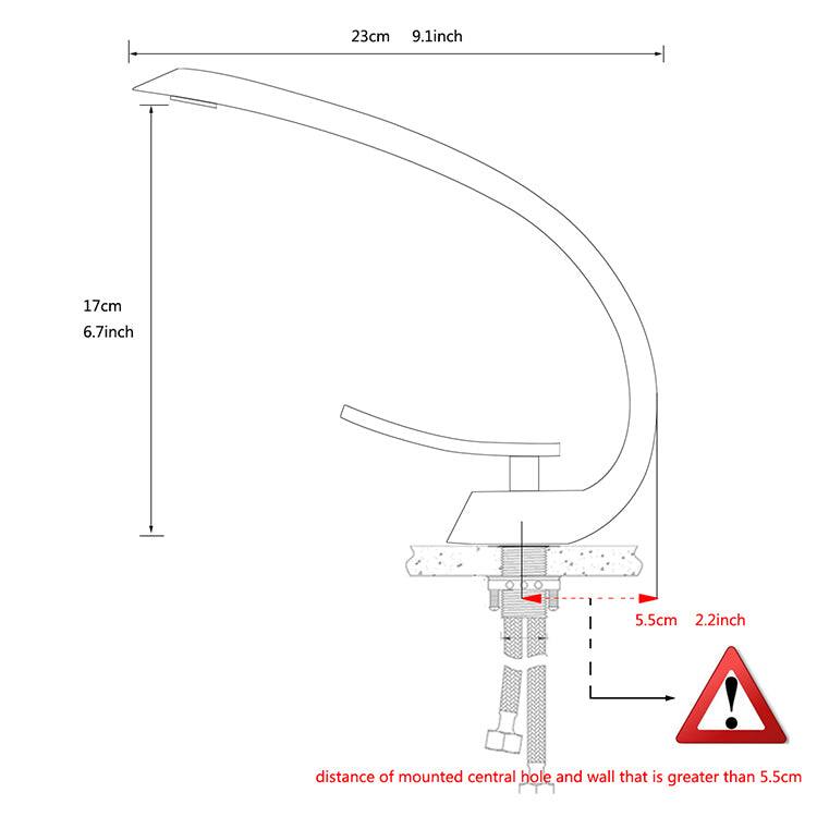 23cm 9.1inch  
17cm 6.7inch  
5.5cm 2.2inch  

distance of mounted central hole and wall that is greater than 5.5cm