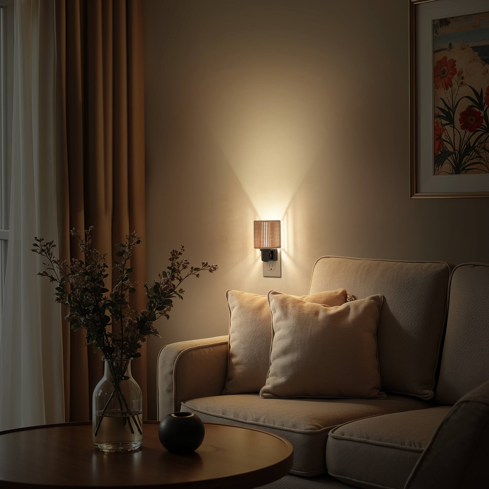 Alt View 4. Jandcase - JANDCASE 2-Pack 1W  Plug-in Night Light, 3000K Warm Glow, Boho Rope Shade with Gold Ring, Slide Dimmer, US 3-Prong Plug - Black and Gold.