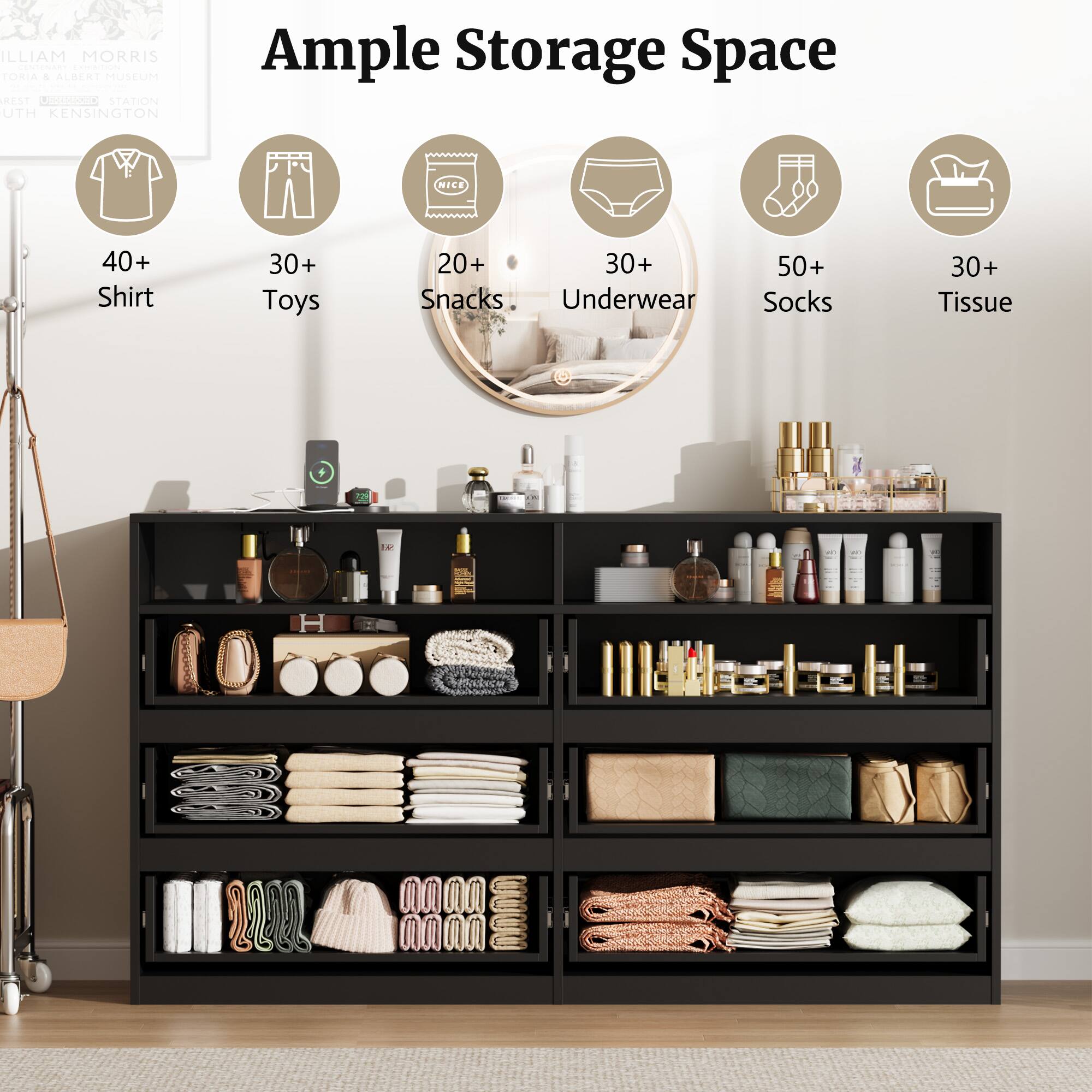 WILLIAM MORRIS CENTENARY EXHIBITION  
TORIA & ALBERT MUSEUM  
REST STATION  
UTH KENSINGTON

Ample Storage Space

40+ Shirt  
30+ Toys  
20+ Snacks  
30+ Underwear  
50+ Socks  
30+ Tissue