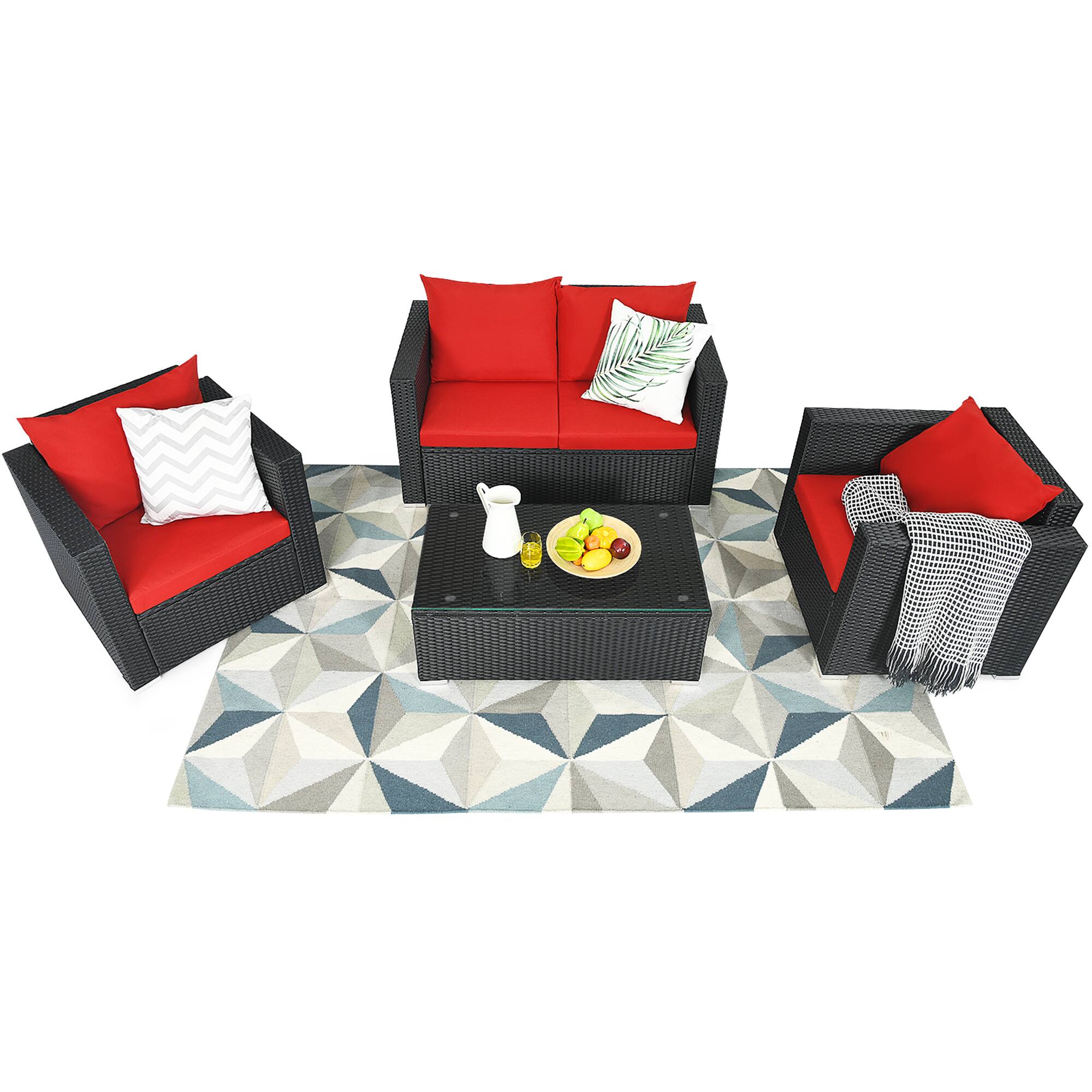 Alt View 4. Gymax - Gymax 4PCS Rattan Patio Conversation Set Outdoor Furniture Set w/ Red Cushions - Red.