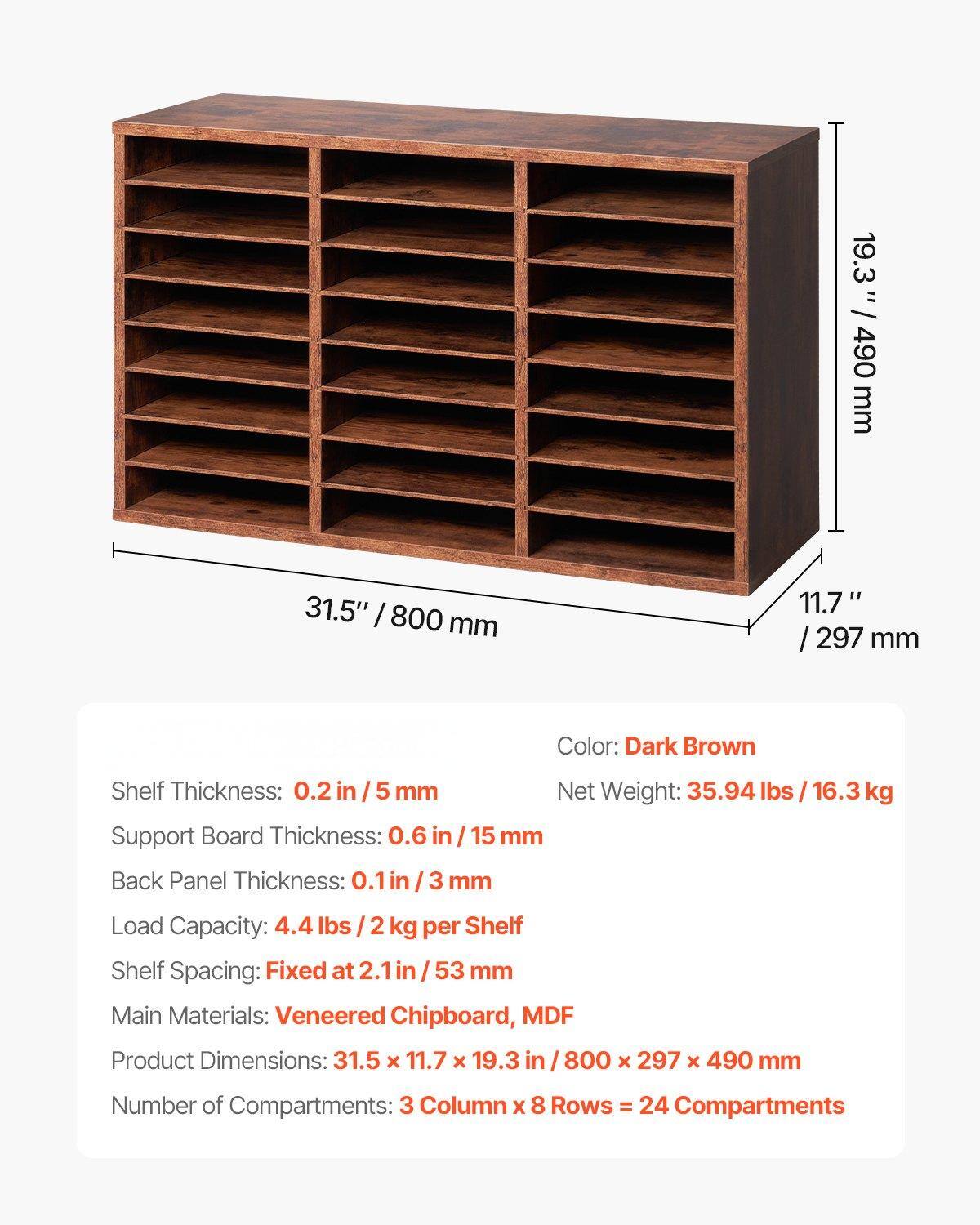 - **Color:** Dark Brown
- **Shelf Thickness:** 0.2 in / 5 mm
- **Support Board Thickness:** 0.6 in / 15 mm
- **Back Panel Thickness:** 0.1 in / 3 mm
- **Load Capacity:** 4.4 lbs / 2 kg per Shelf
- **Shelf Spacing:** Fixed at 2.1 in / 53 mm
- **Main Materials:** Veneered Chipboard, MDF
- **Product Dimensions:** 31.5 x 11.7 x 19.3 in / 800 x 297 x 490 mm
- **Number of Compartments:** 3 Columns x 8 Rows = 24 Compartments
- **Net Weight:** 35.94 lbs / 16.3 kg