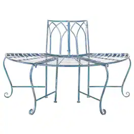 Hivvago - Half-Circle Outdoor Patio Garden Antique Wrought Iron Tree Bench - Blue