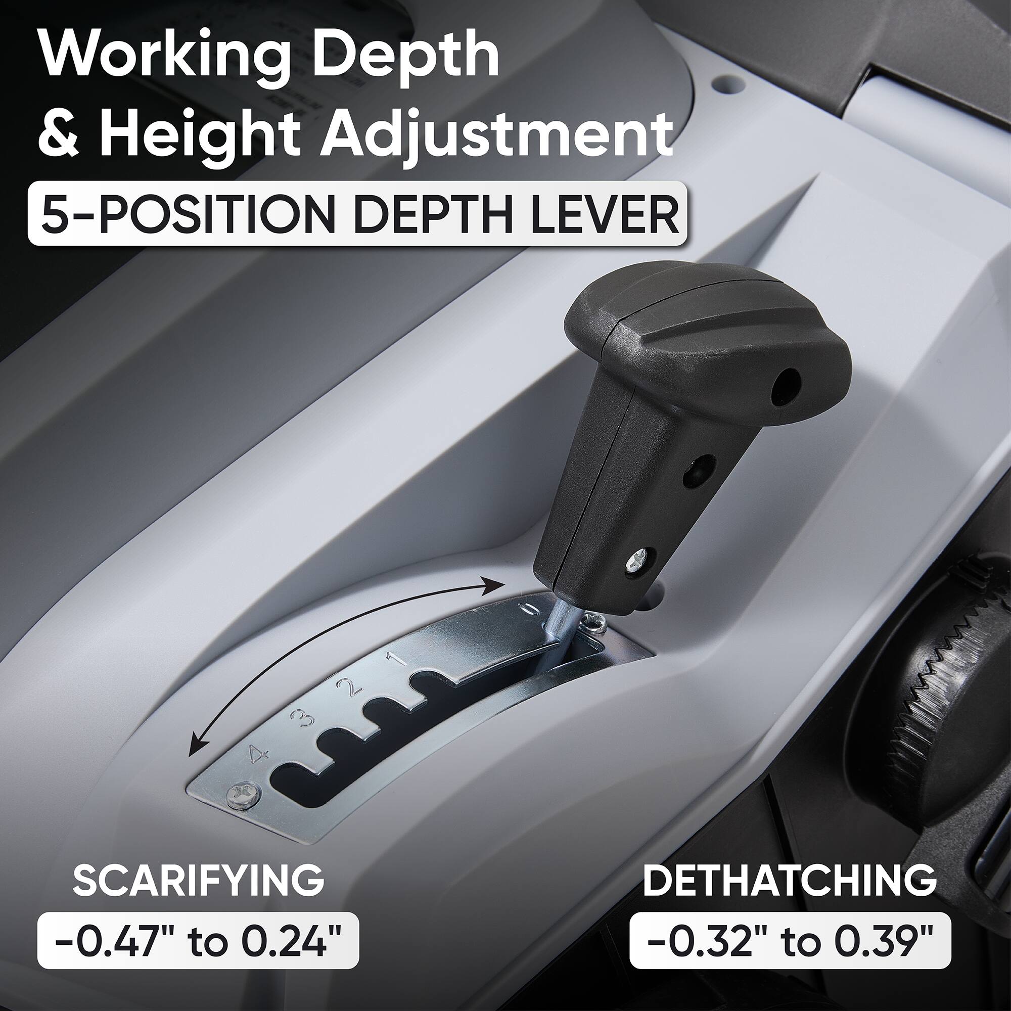 Working Depth & Height Adjustment  
5-POSITION DEPTH LEVER  

SCARIFYING -0.47" to 0.24"  
DETHATCHING -0.32" to 0.39"