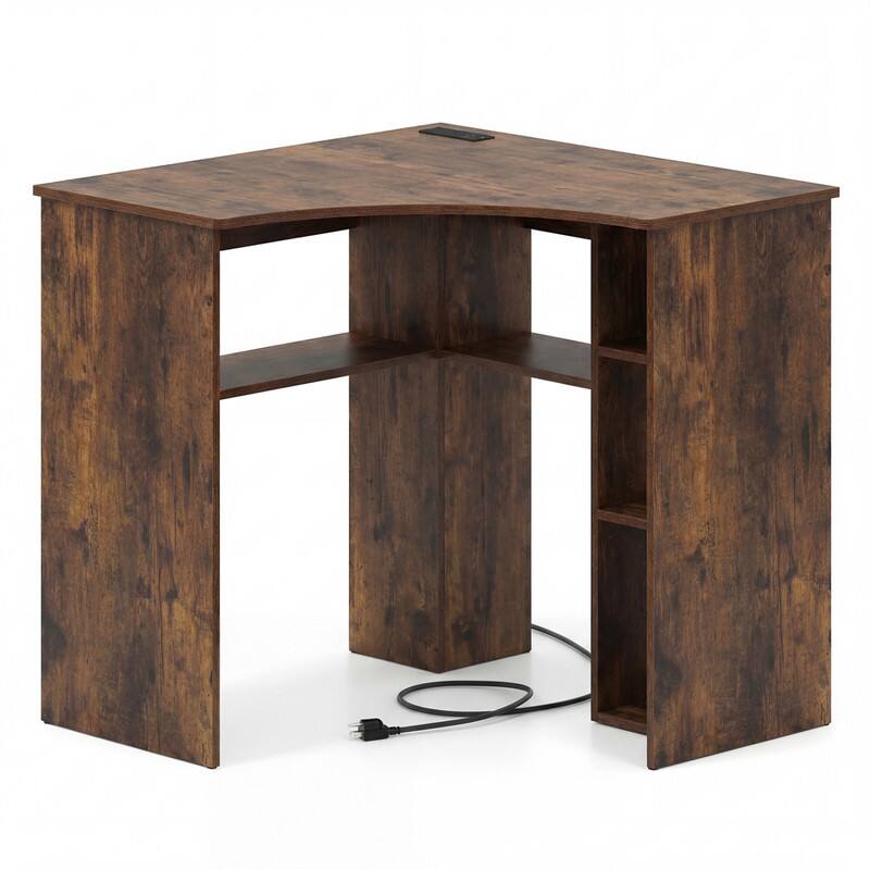 Alt View 5. WELLFOR - 32" Corner Computer Desk for Small Space, Triangle Writing Workstation with Charging Station & Storage Shelf - Rustic Brown.