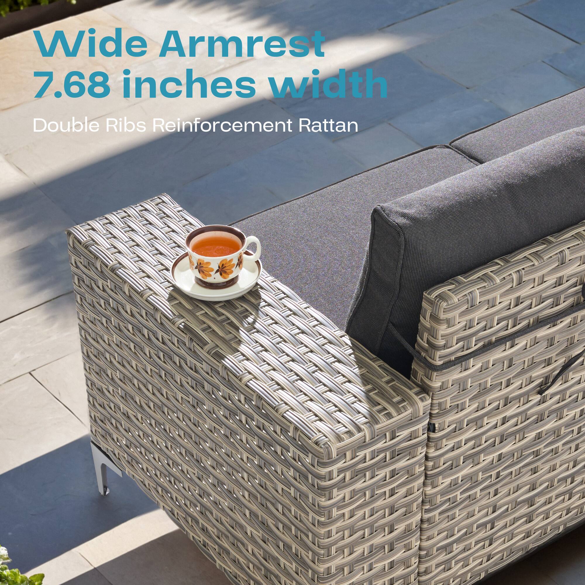 Wide Armrest  
7.68 inches width  
Double Ribs Reinforcement Rattan