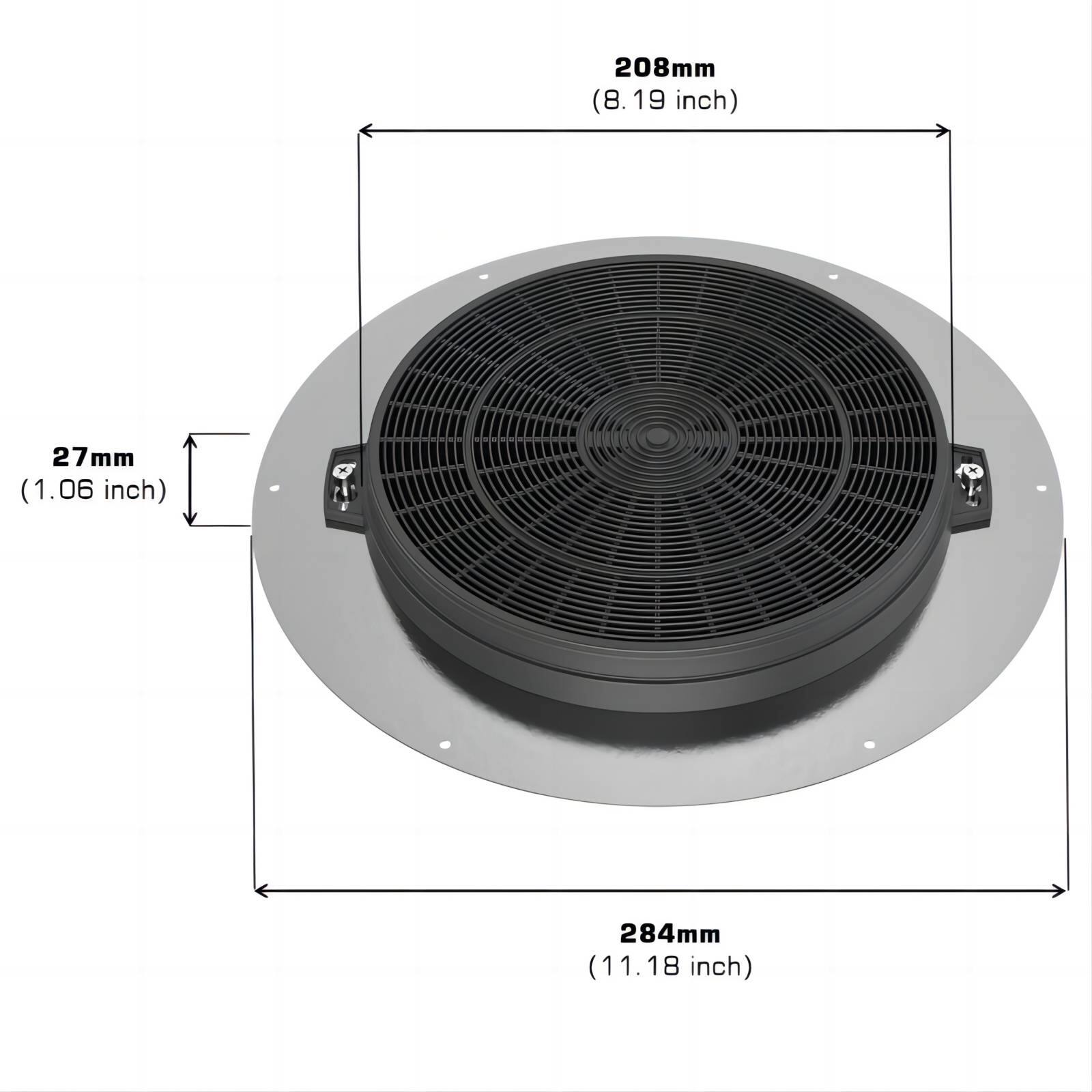 The image shows a fan with a diameter of 208mm (8.19 inches) and a height of 27mm (1.06 inches). The fan is also described as having a 284mm (11.18 inches) diameter.