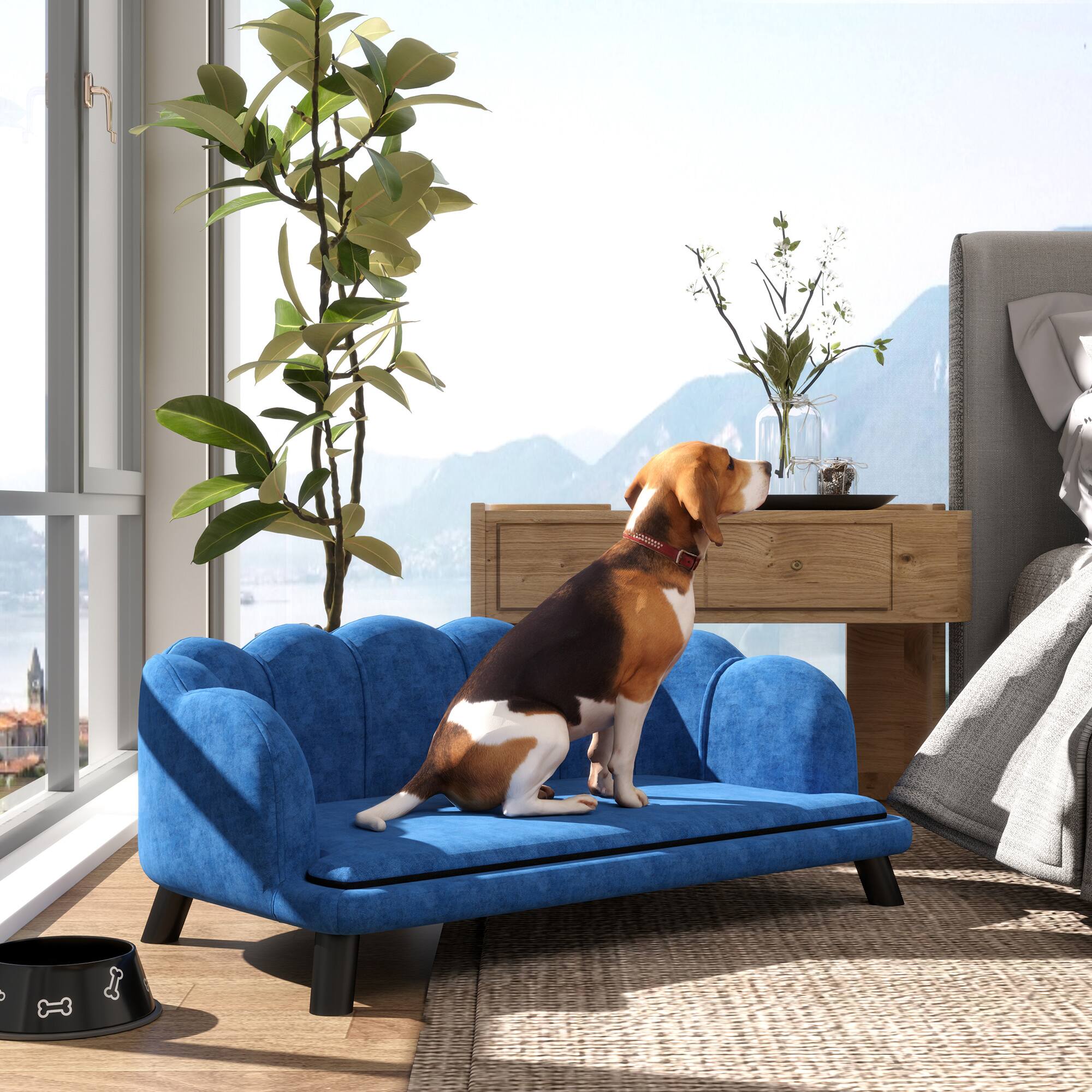Angle. Pawhut - Velvet Large Dog Couch with Foam Cushion, Soft and Cute Dog Bed with Pearl Design, Big and Medium Dogs - Blue.