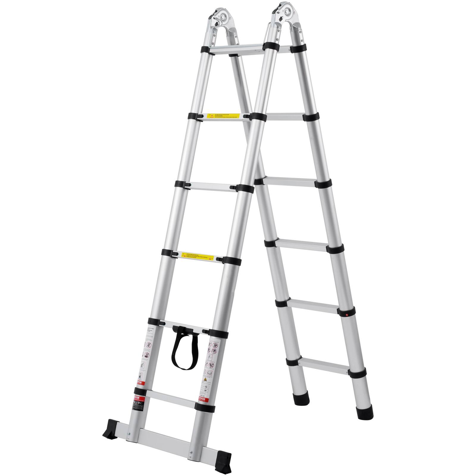 Alt View 5. VEVOR - Telescoping Ladder, 12.5FT A-Shape Aluminum Extension Ladder Lightweight, Multi-button Retraction Collapsible Ladder - Silver.