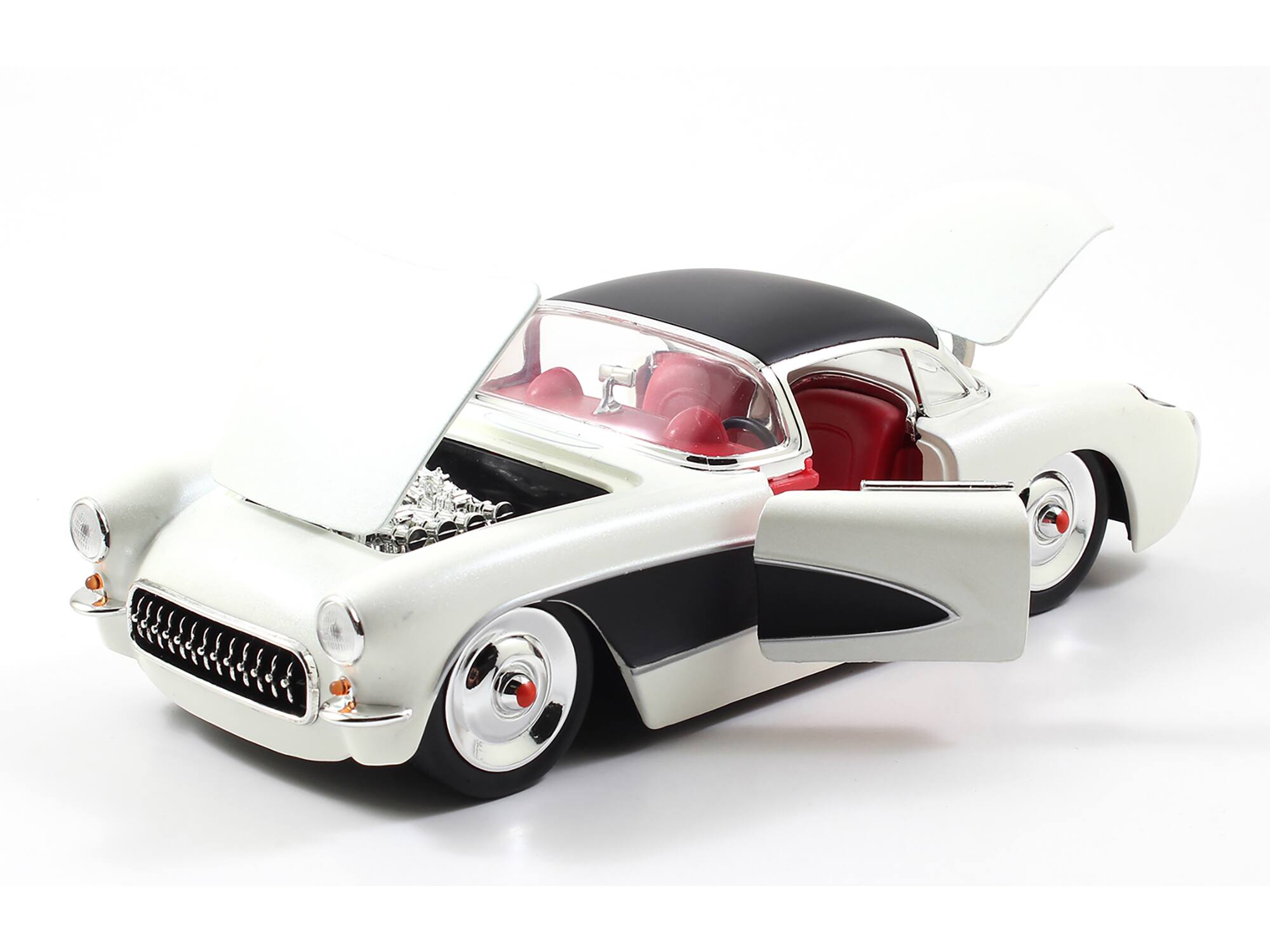 Alt View 1. Jada - 1957 Chevrolet Corvette Satin Cream Metallic with Matt Black Top and Side 1/24 Diecast Model Car by Jada.