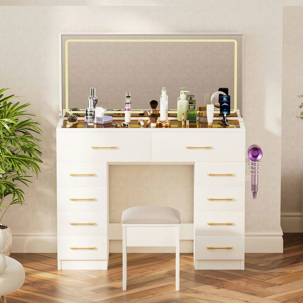 Front. Kadyn - 46-Inch Makeup Vanity with 10 Drawers, Mirror and Stool - White - White.