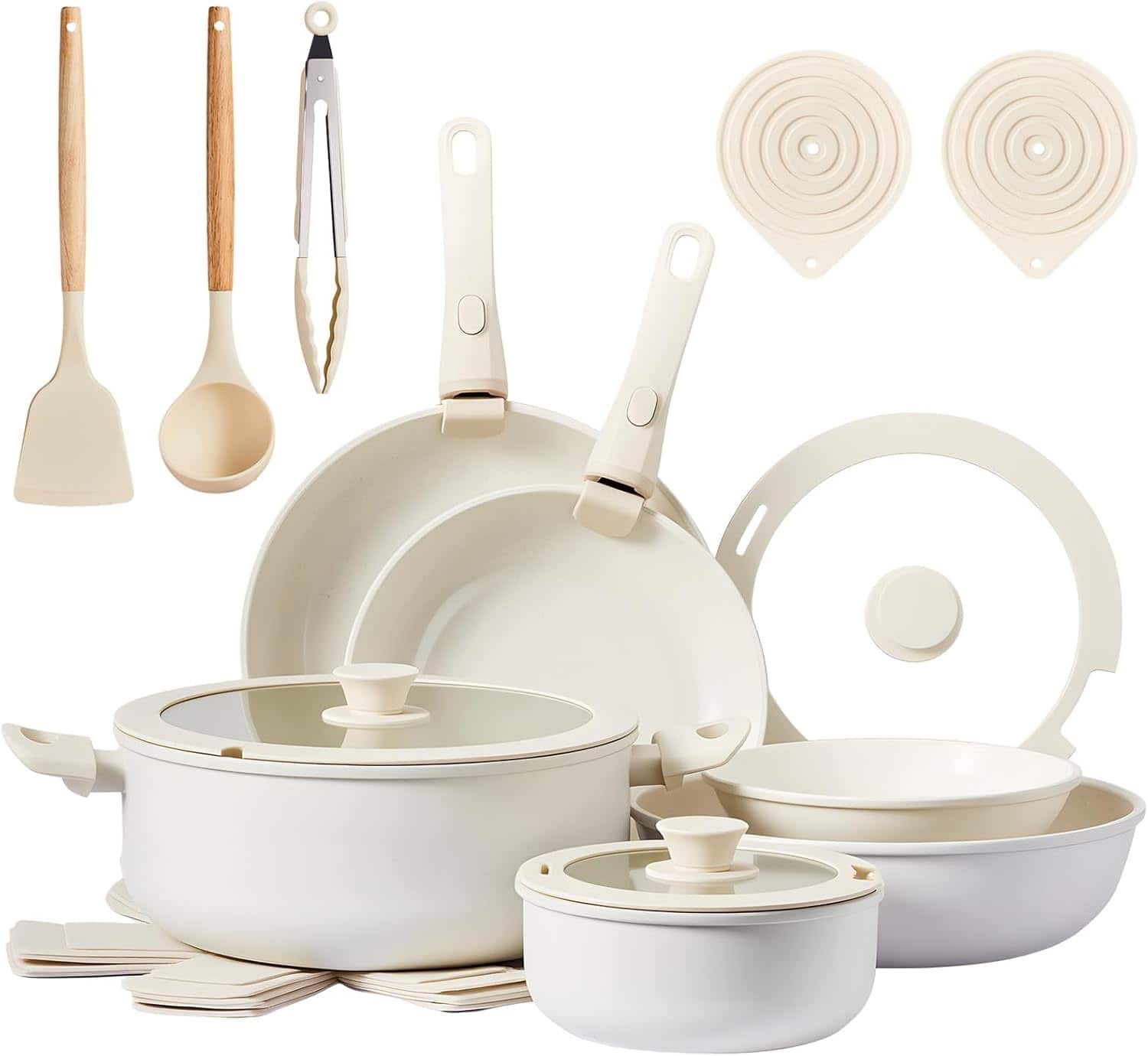 Winado - 22 Pcs Nonstick Pots and Pans Set, Cast Aluminum Pots with Detachable Handles for Families, Apartments - White