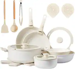 Winado - 22 Pcs Nonstick Pots and Pans Set, Cast Aluminum Pots with Detachable Handles for Families, Apartments - White