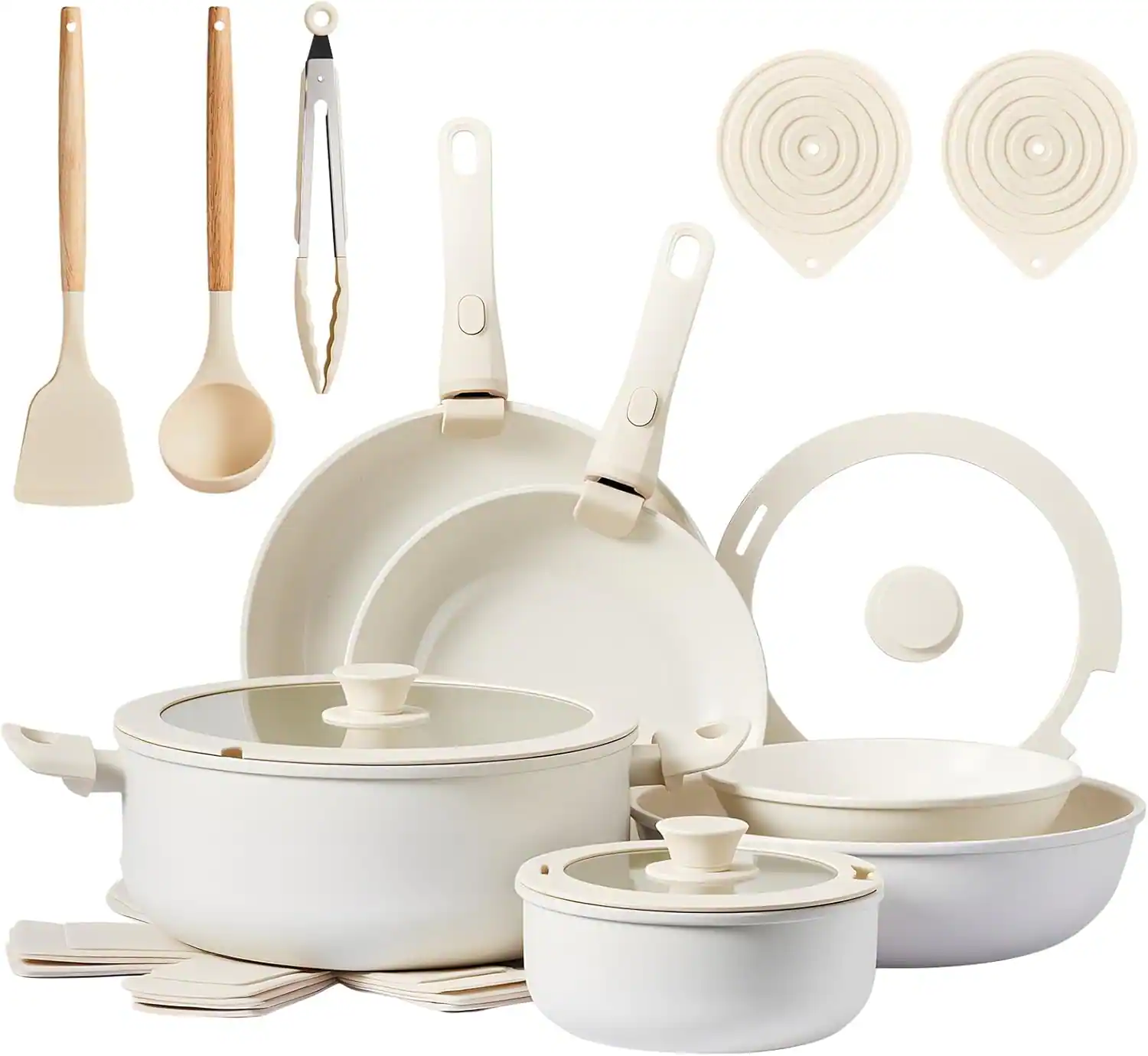 Winado - 22 Pcs Nonstick Pots and Pans Set, Cast Aluminum Pots with Detachable Handles for Families, Apartments - White