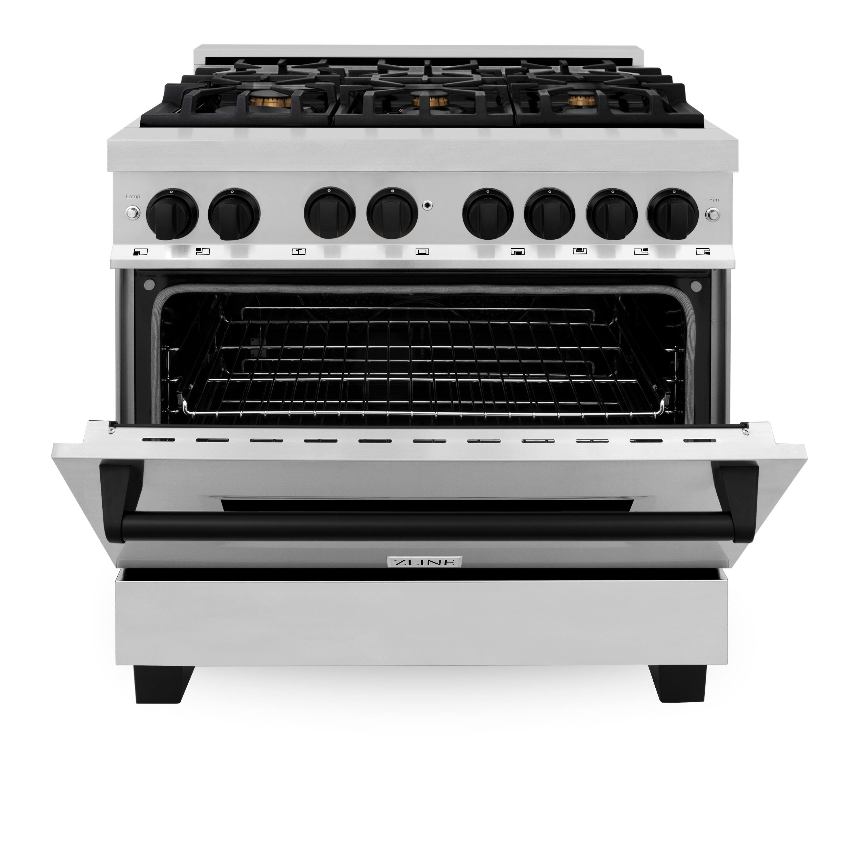 Angle. ZLINE - Autograph 36" Legacy Dual Fuel Range w/ 6 Burners & Matte Black Accents (RAZ-36-MB) - Stainless Steel/Matte Black Accents.