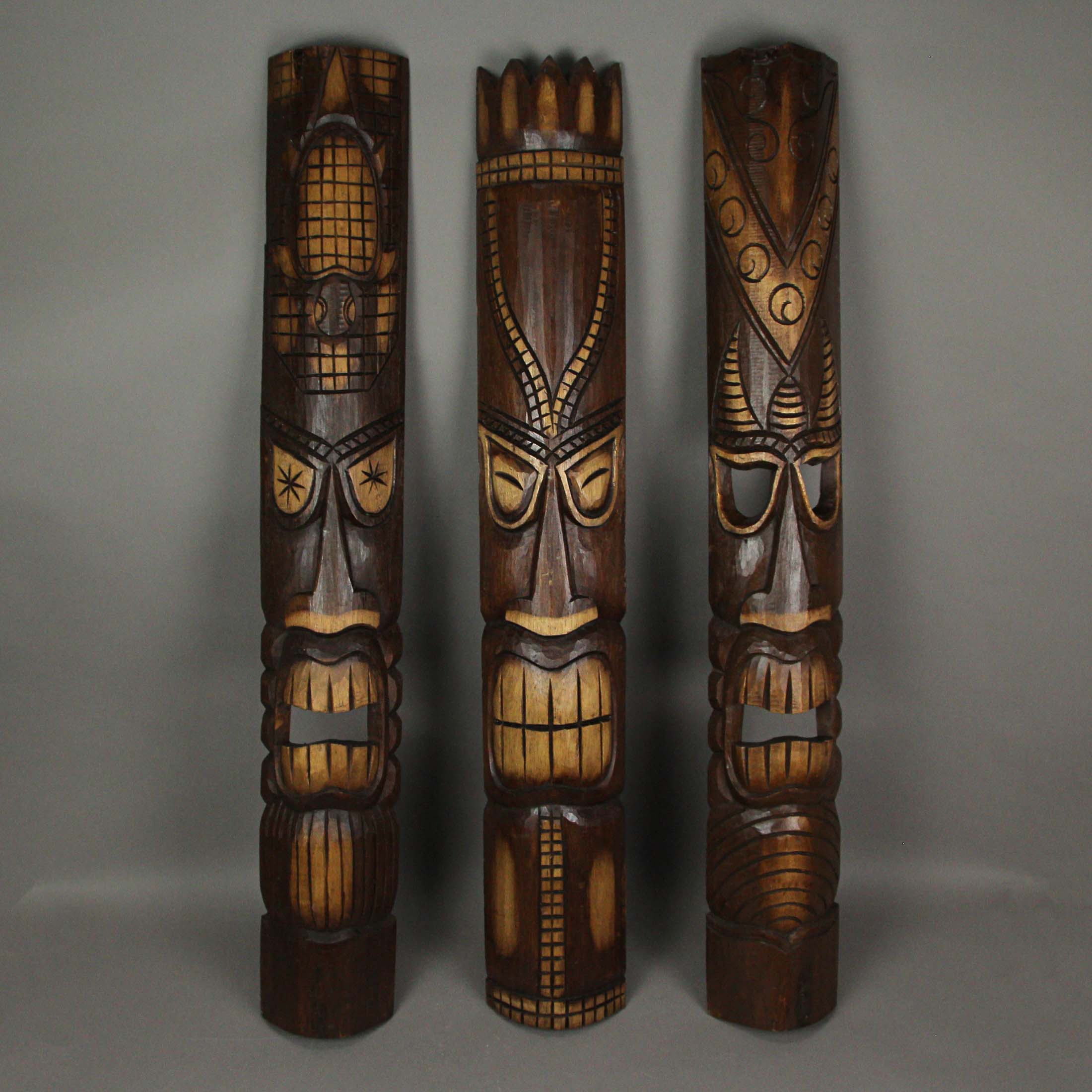 Alt View 2. Zeckos - 40 Inch Hand Carved Tiki Mask Wall Decor Tropical Beach Home Hanging Art Set / 3 - Brown.