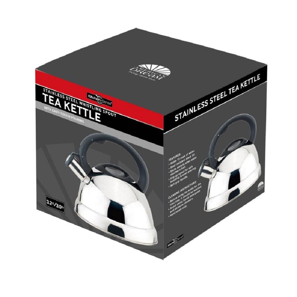 STAINLESS STEEL TEA KETTLE

STAINLESS STEEL TEA KETTLE WITH EASY-TOUCH POURING SPOUT

3.2L / 3.0 QT

FEATURES:
- 12 FPs boiling water
- Boils water faster
- Easy to pour
- Fits most standard stovetops

INSTRUCTIONS:
- Always use clean water
- Do not use abrasive cleaners

CLEANING:
- Wash with mild soap and water
- Dry thoroughly