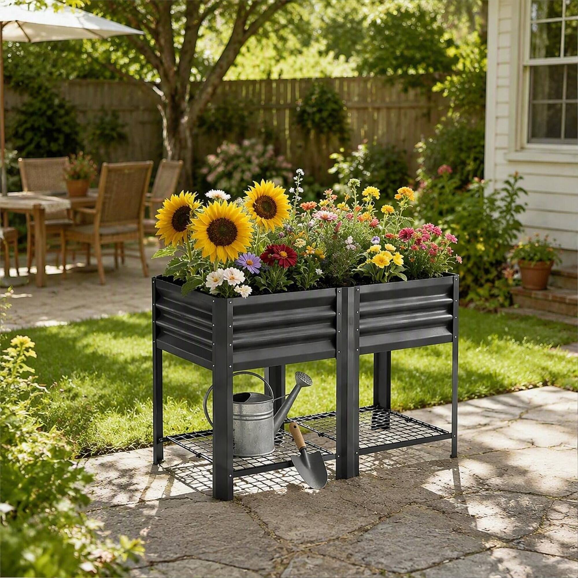 Alt View 2. RYHNUYNE - Elevated Outdoor Planter Box with Stand, 39.6 Gallon Galvanized Steel Raised Garden Bed, Dark Gray, 396 lbs - Dark Gray.