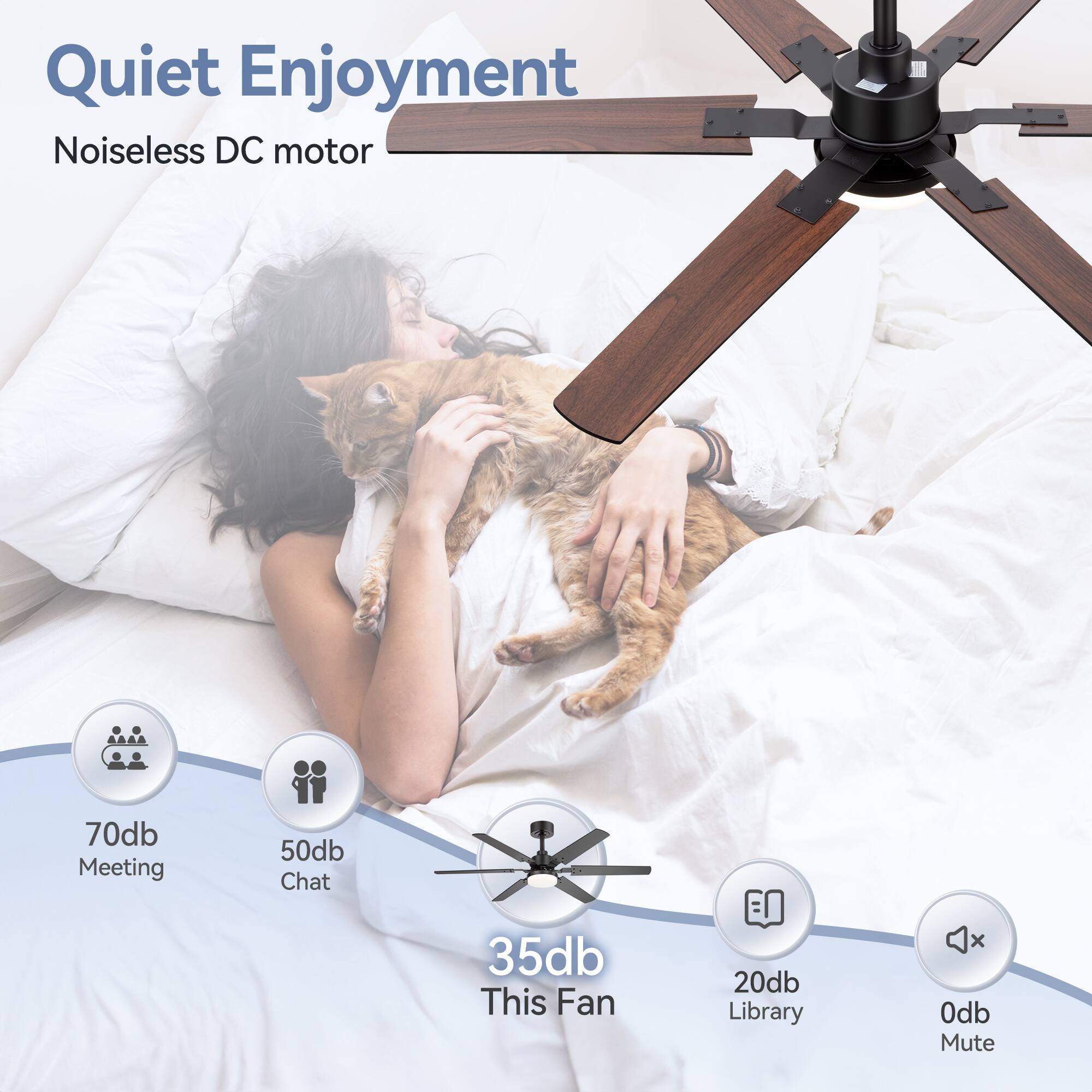 Quiet Enjoyment  
Noiseless DC motor  

70db Meeting  
50db Chat  
35db This Fan  
20db Library  
0db Mute