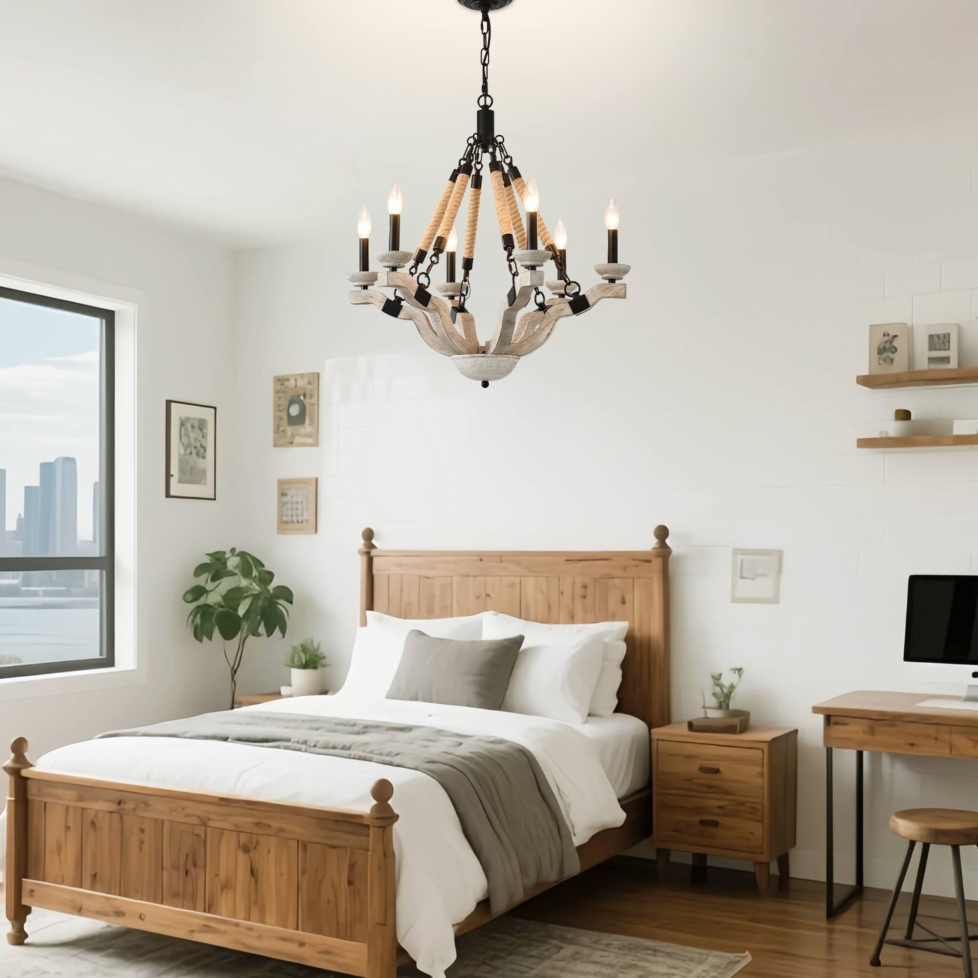 Left. RYHNUYNE - 24in Farmhouse Wood & Rope Chandelier - 6-Light Rustic Candle Pendant Light for Dining Room, Kitchen Island, Living Room.