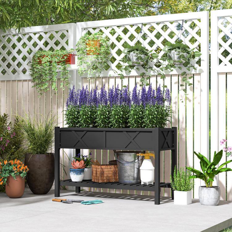 Alt View 1. PULUZ - Raised Garden Bed, 47 x 22 x 31.5 in. Elevated Wood Planter Box with Storage Shelf, Drainage Holes, and Liner - Black.