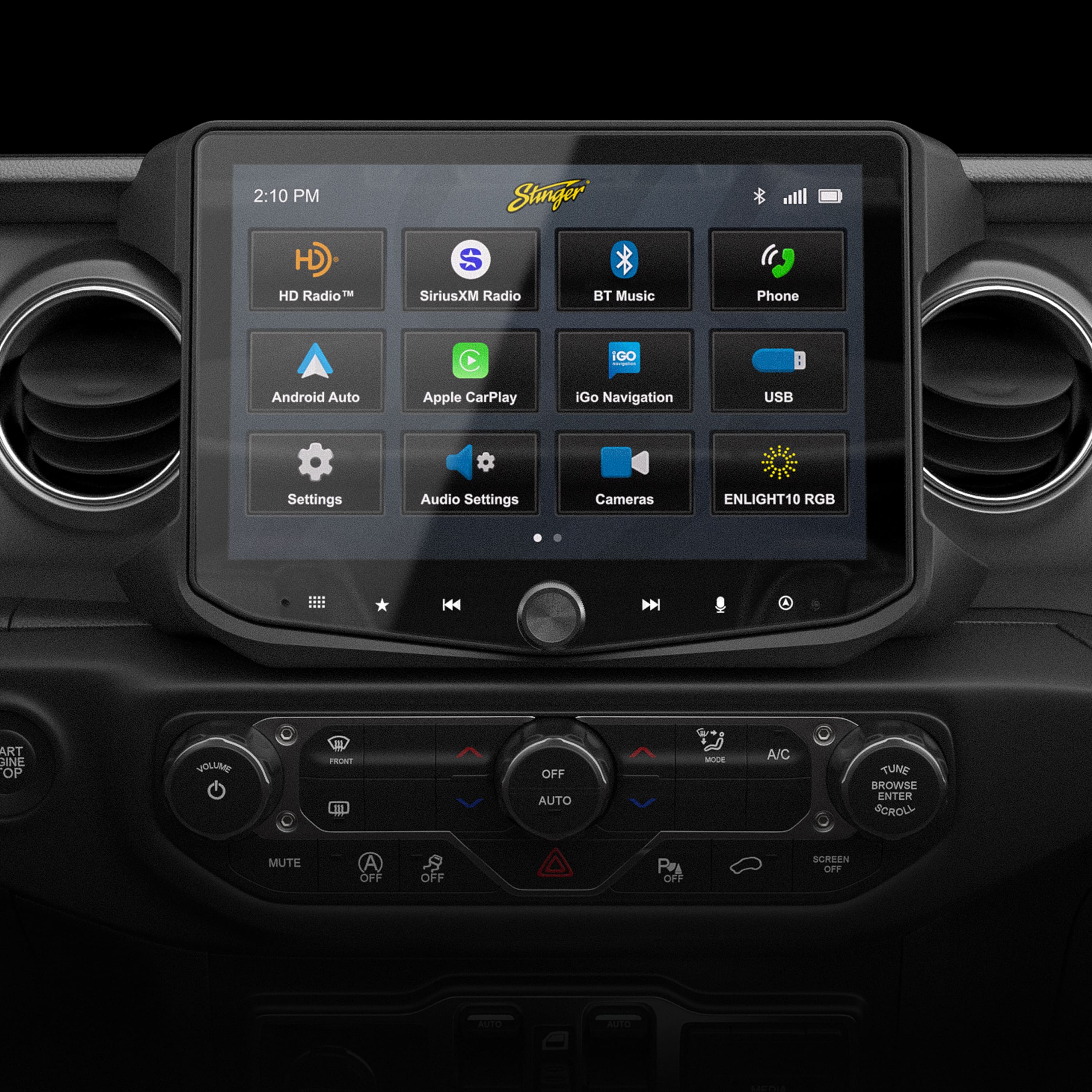 The text on the image reads:
2:10 PM Stinger HD HD Radio" IN S SiriusXM Radio BT Music Phone iGo: Android Auto Apple CarPlay iGo Navigation USB Settings Audio Settings Cameras ENLIGHT10 RGB K44 N ART GINE OP VOLLMEE FRNT m OFF AUTO Mddda A/C TUND BROWSE ENTER SCROLL MUTE OFF OFF P OFF SOREEN OFF tae 2o
The text has been grouped and corrected as follows:
2:10 PM
Stinger HD
HD Radio" IN S
SiriusXM Radio
BT Music
Phone
iGo:
Android Auto
Apple CarPlay
iGo Navigation
USB Settings
Audio Settings
Cameras
ENLIGHT10
RGB
K44 N
ART GINE OP
VOLLMEE FRNT
m OFF
AUTO
Mddda A/C
TUND
BROWSE
ENTER
SCROLL
MUTE
OFF
OFF
P
OFF
SOREEN
OFF
tae 2o