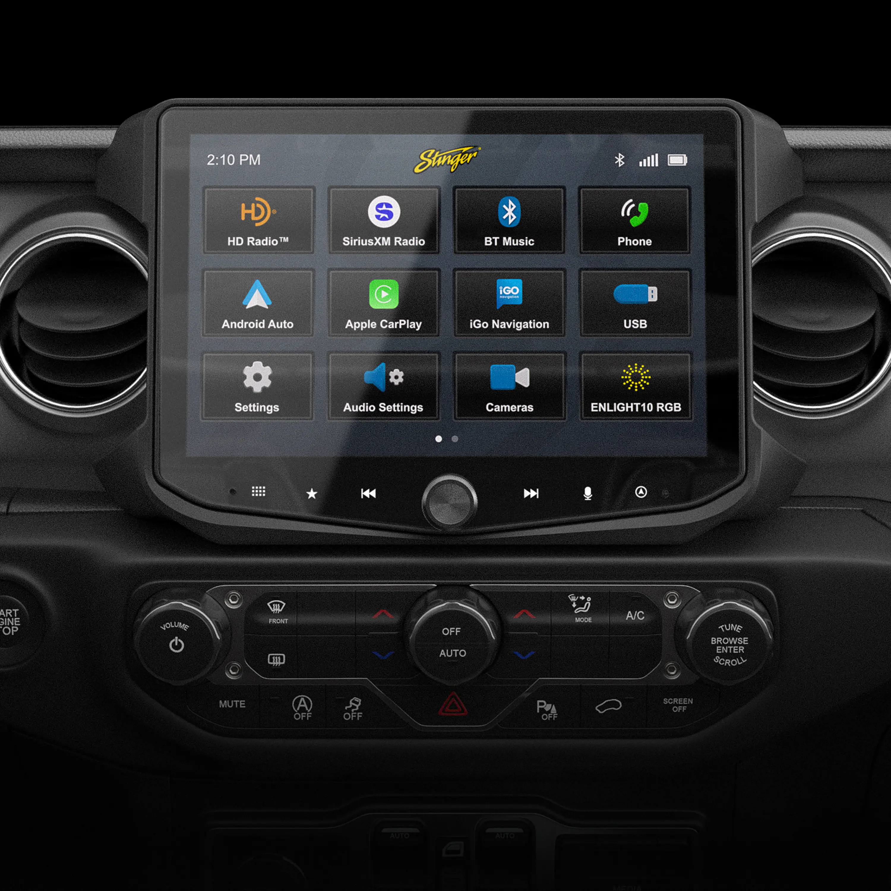 The text on the image reads:
2:10 PM Stinger HD HD Radio" IN S SiriusXM Radio BT Music Phone iGo: Android Auto Apple CarPlay iGo Navigation USB Settings Audio Settings Cameras ENLIGHT10 RGB K44 N ART GINE OP VOLLMEE FRNT m OFF AUTO Mddda A/C TUND BROWSE ENTER SCROLL MUTE OFF OFF P OFF SOREEN OFF tae 2o
The text has been grouped and corrected as follows:
2:10 PM
Stinger HD
HD Radio" IN S
SiriusXM Radio
BT Music
Phone
iGo:
Android Auto
Apple CarPlay
iGo Navigation
USB Settings
Audio Settings
Cameras
ENLIGHT10
RGB
K44 N
ART GINE OP
VOLLMEE FRNT
m OFF
AUTO
Mddda A/C
TUND
BROWSE
ENTER
SCROLL
MUTE
OFF
OFF
P
OFF
SOREEN
OFF
tae 2o