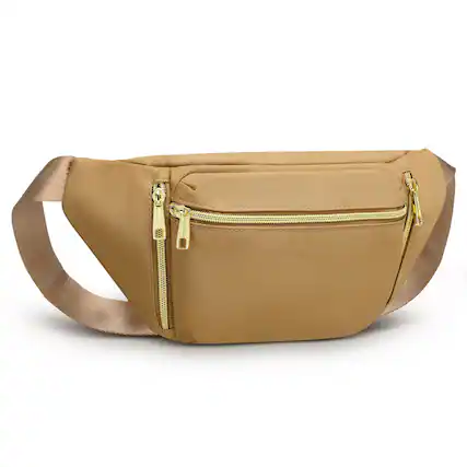 Front. Unique Bargains - Crossbody Fanny Pack with 5-Zipper Pockets Waterproof Nylon Anti Theft Waist Bag for Women Men for Sports Traveling - Khaki.