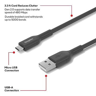 3.3 ft Cord Reduces Clutter  
Gen 2.0 supports data transfer speed of 480 Mbps  
Durable braided cord withstands up to 5000 bends  

Micro USB Connection  
USB-A Connection