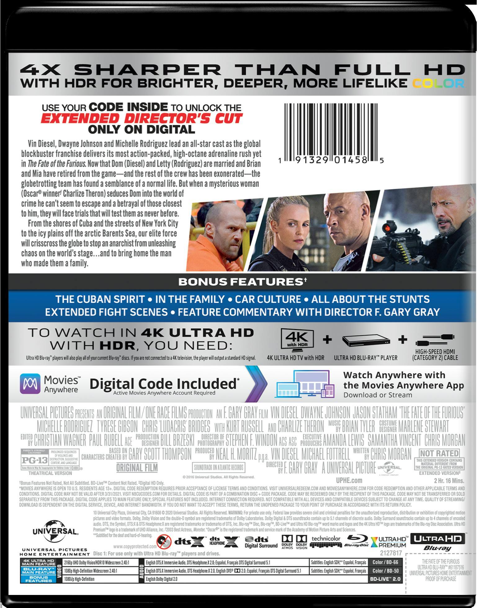 Back. The Fate of the Furious   - 4K Blu-Ray.