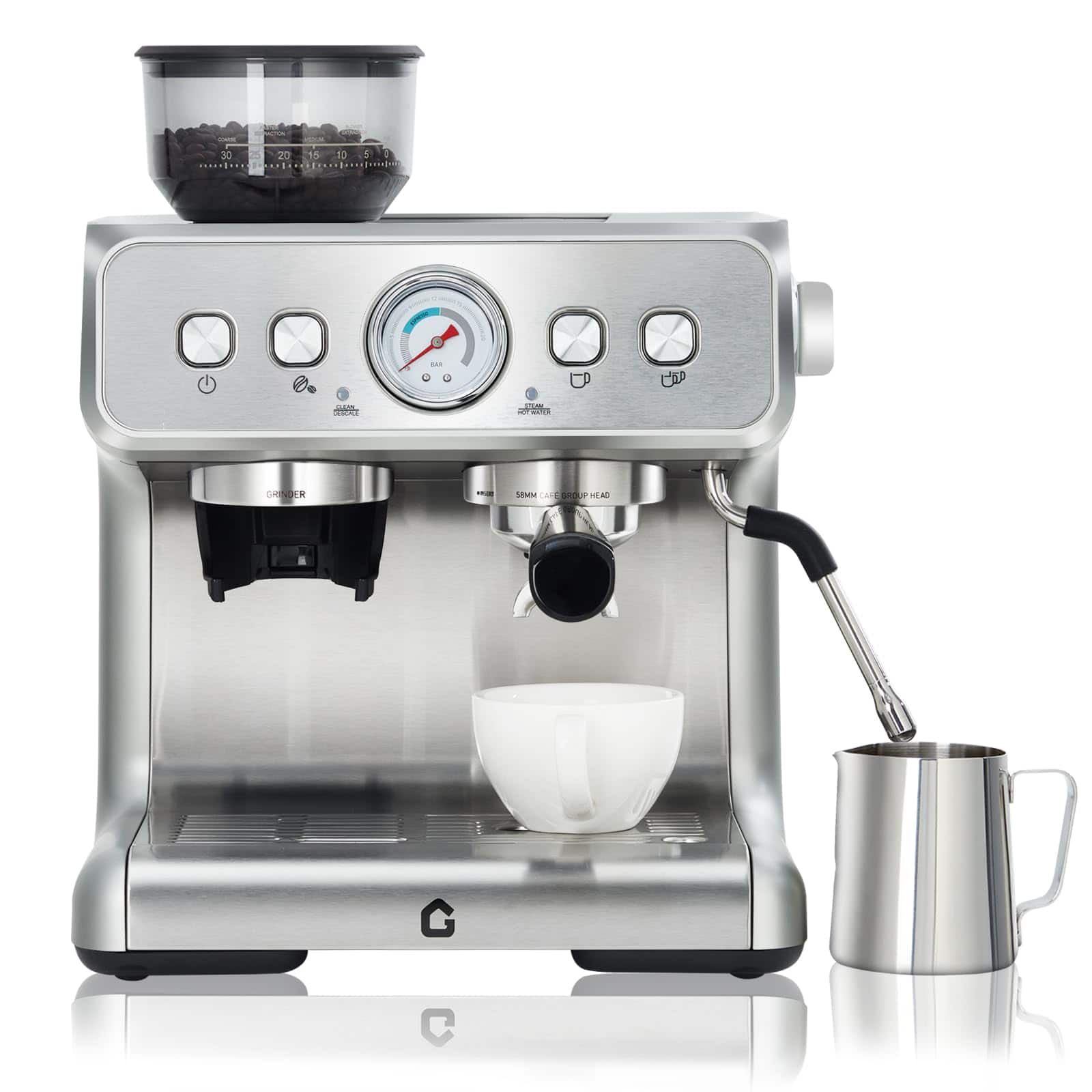 TROPOW - 20 Bar Pressure Espresso Machine, Stainless Steel Coffee Maker with Grinder - Silver