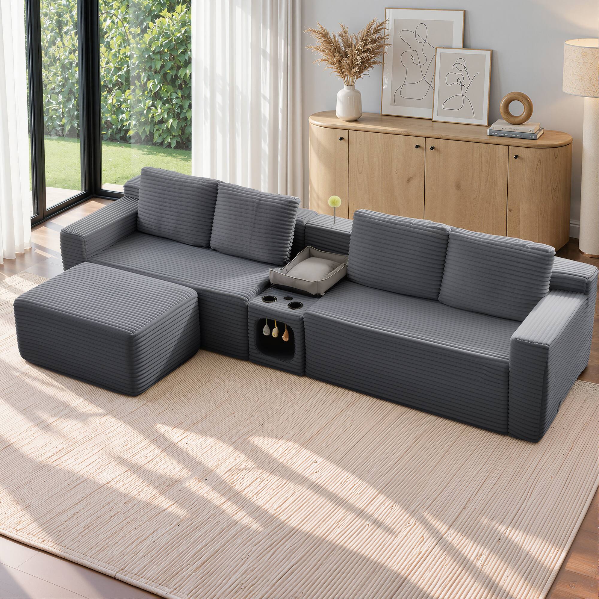 Alt View 1. Meqiodas - 118" Corduroy Boneless Couch, Modular Sectional Sofa, with 1 Ottoman, Cat House Design, Storage & Cup Holders - Gray.