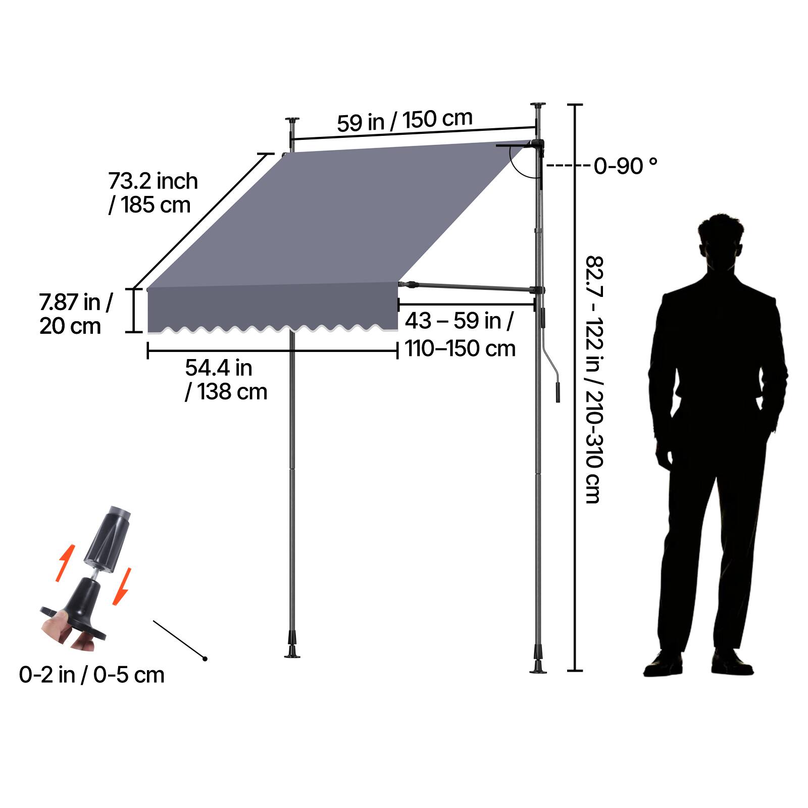 59 in / 150 cm  
73.2 inch / 185 cm  
7.87 in / 20 cm  
54.4 in / 138 cm  
43-59 in / 110-150 cm  
0-90  
82.7 in / 210-310 cm  
0-2 in / 0-5 cm