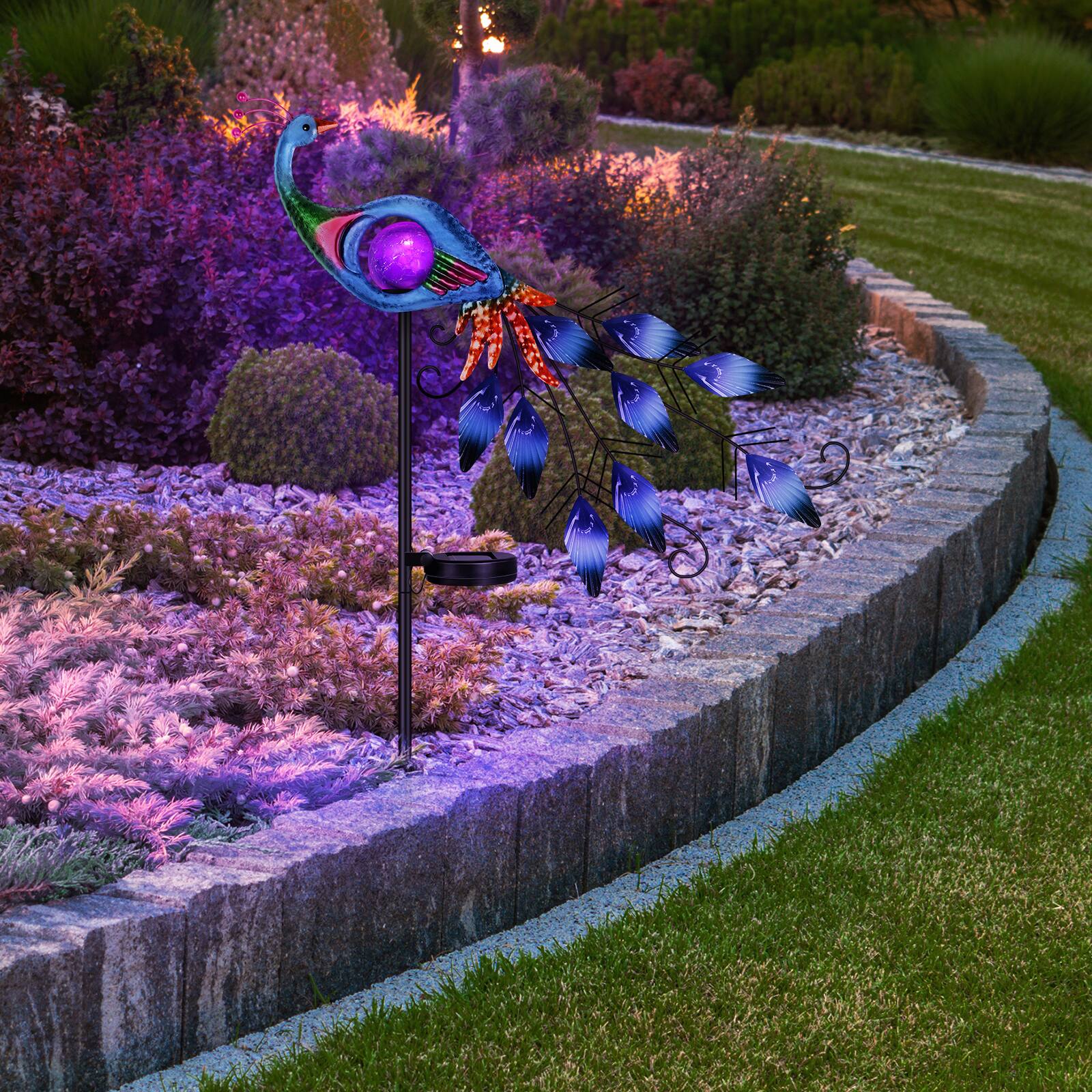 Alt View 2. Oumilen - Solar Painted Metal Peacock Garden Stake Light – Purple Crackle Globe LED Solar Ground Lamp for Yard.