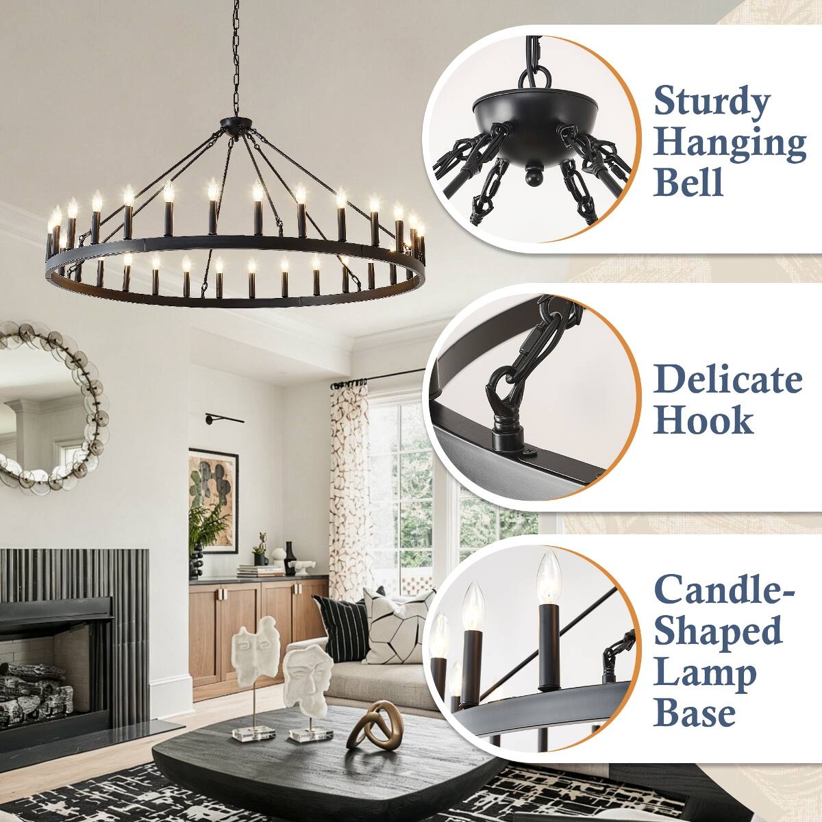Sturdy Hanging Bell  
Delicate Hook  
Candle-Shaped Lamp Base