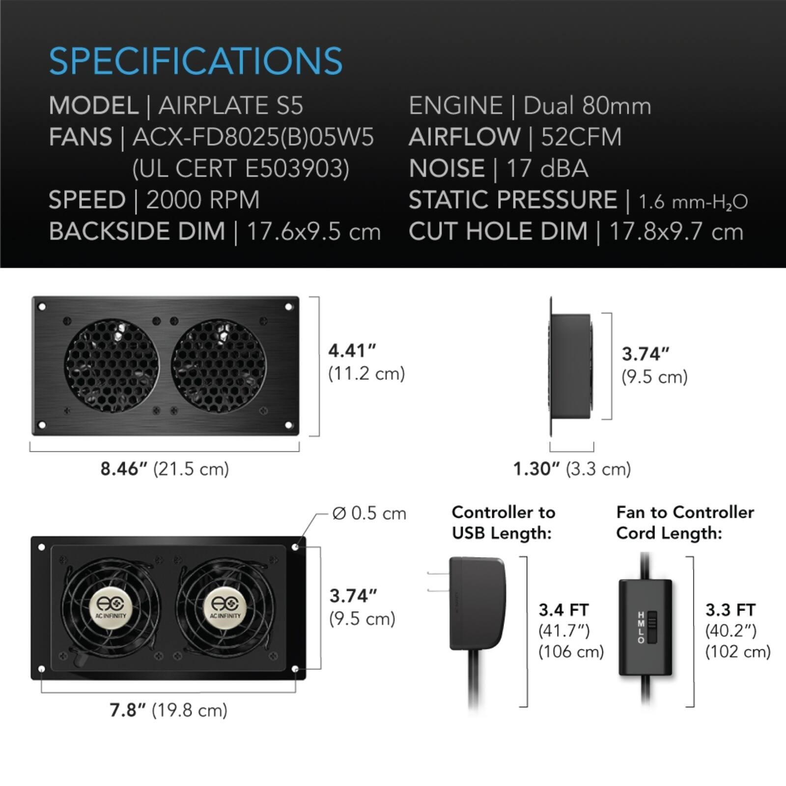 SPECIFICATIONS  
MODEL | AIRPLATE S5  
FANS | ACX-FD8025(B)05W5 (UL CERT E503903)  
SPEED | 2000 RPM  
BACKSIDE DIM | 17.6x9.5 cm  
ENGINE | Dual 80mm  
AIRFLOW | 52CFM  
NOISE | 17 dBA  
STATIC PRESSURE | 1.6 mm-H2O  
CUT HOLE DIM | 17.8x9.7 cm  

4.41" (11.2 cm)  
3.74" (9.5 cm)  
8.46" (21.5 cm)  
1.30" (3.3 cm)  
0.5 cm  

Controller to USB Length: 3.4 FT (41.7") (106 cm)  
Fan to Controller Cord Length: 3.3 FT (40.2") (102 cm)  

AC INFINITY  
HMLO