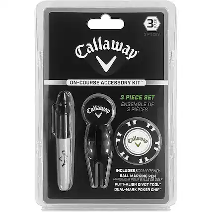 3 PACK 3 PIECES Callaway ON-COURSE ACCESSORY KIT 3 PIECE SET ENSEMBLE DE 3 PIECES INCLUDES/COMPREND: BALL MARKING PEN MARQUEUR POUR BALLE DE GOLF PUTT-ALIGN DIVOT TOOL DUAL-MARK POKER CHIP