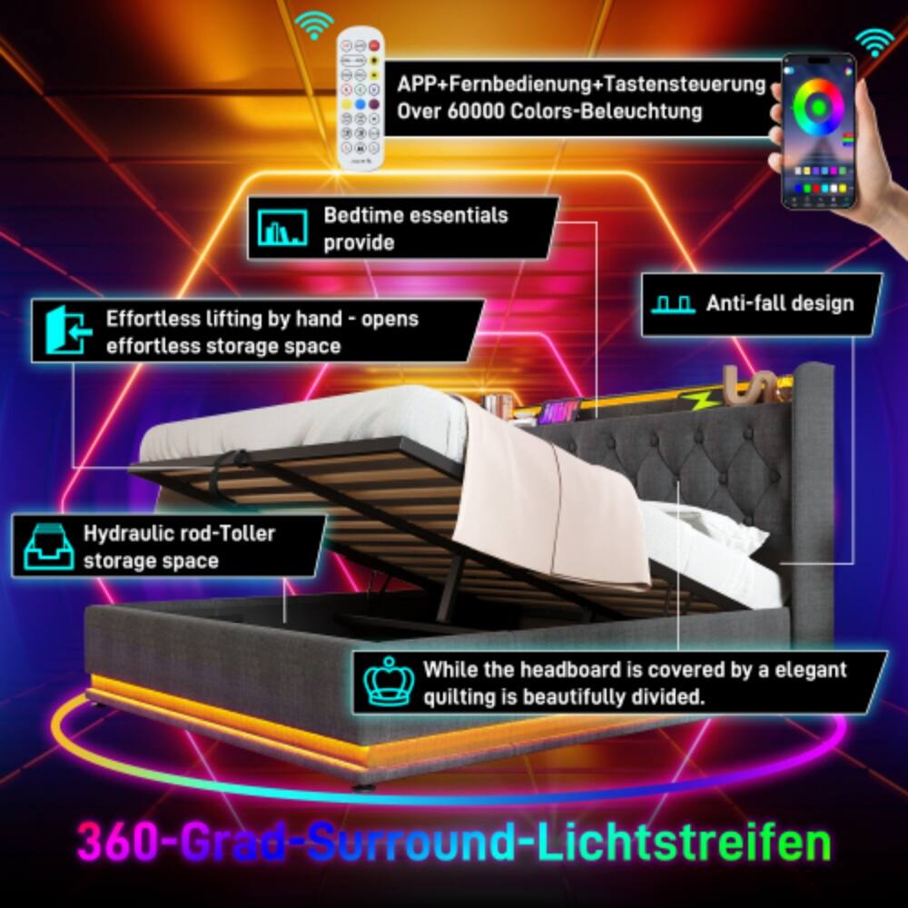 - APP+Fernbedienung+Tastensteuerung
- Over 60000 Colors-Beleuchtung
- Bedtime essentials provide
- Effortless lifting by hand - opens effortless storage space
- Anti-fall design
- Hydraulic rod-Toller storage space
- While the headboard is covered by an elegant quilting, it is beautifully divided.
- 360-Grad-Surround-Lichtstreifen