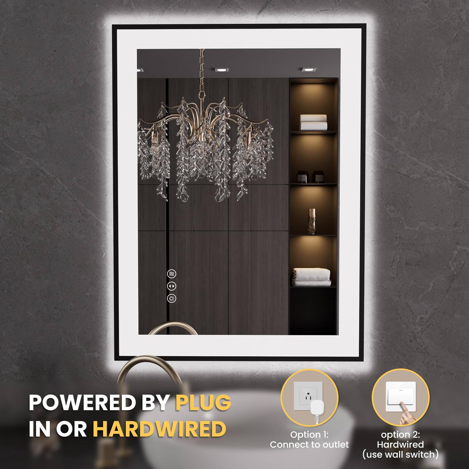 POWERED BY PLUG IN OR HARDWIRED

Option 1: Connect to outlet
Option 2: Hardwired (use wall switch)