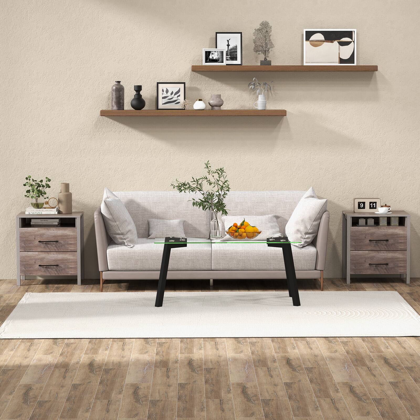 Alt View 2. SlickBlue - Farmhouse Nightstand with 2 Drawers and Open Storage Shelf for Bedroom - Grey.