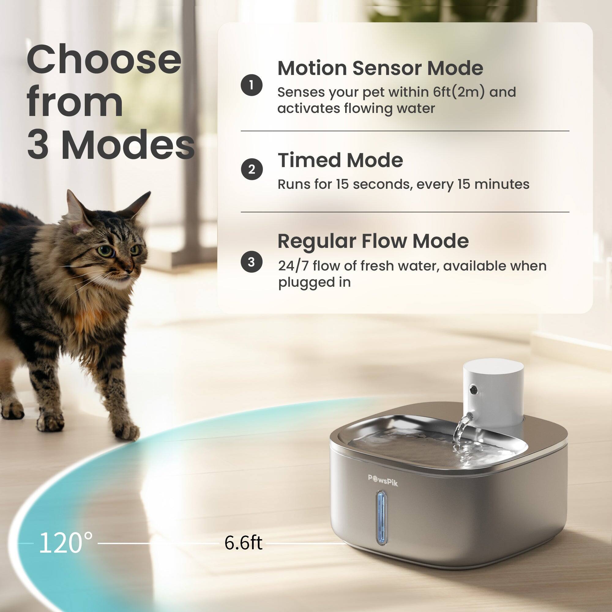 Choose from 3 Modes

1. Motion Sensor Mode
   - Senses your pet within 6ft (2m) and activates flowing water

2. Timed Mode
   - Runs for 15 seconds, every 15 minutes

3. Regular Flow Mode
   - 24/7 flow of fresh water, available when plugged in

120°
6.6ft
PawsPik