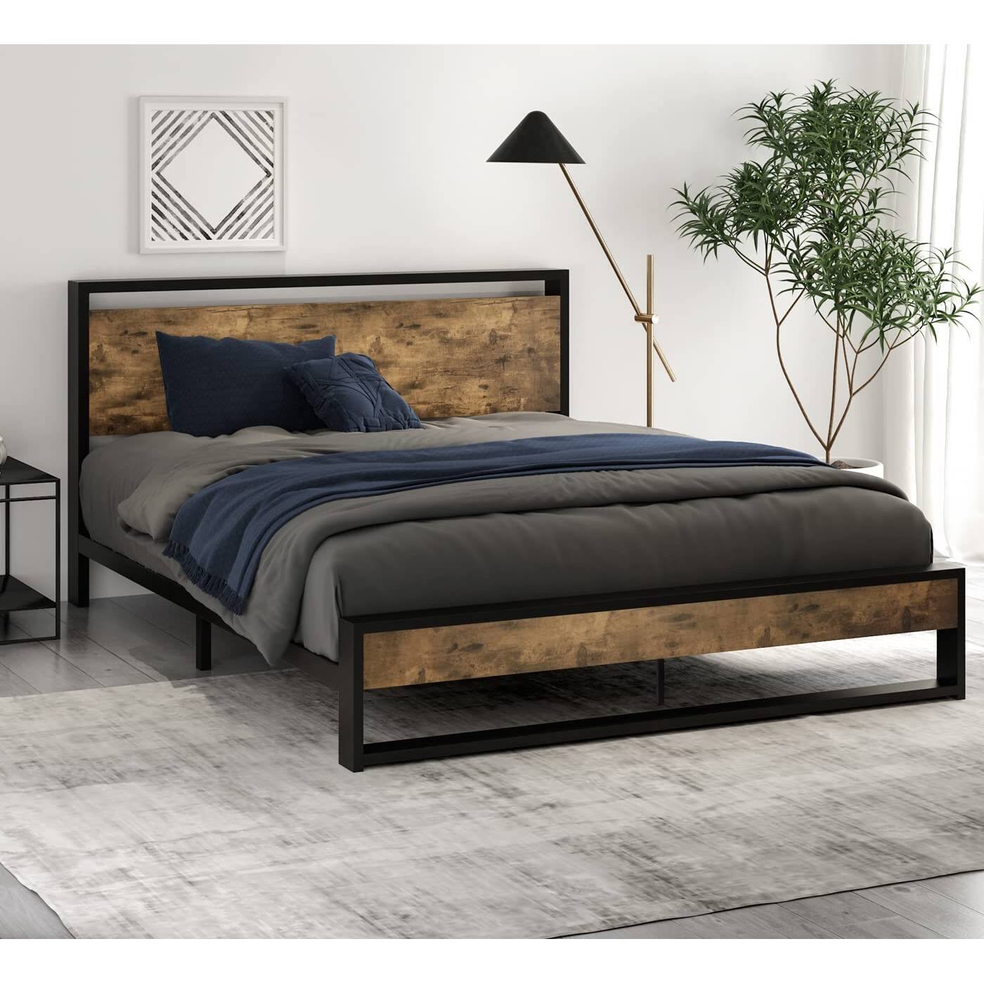 Left. Hivvago - Hivvago Queen size Metal Wood Platform Bed Frame with Industrial Headboard - Black,Rustic Brown.