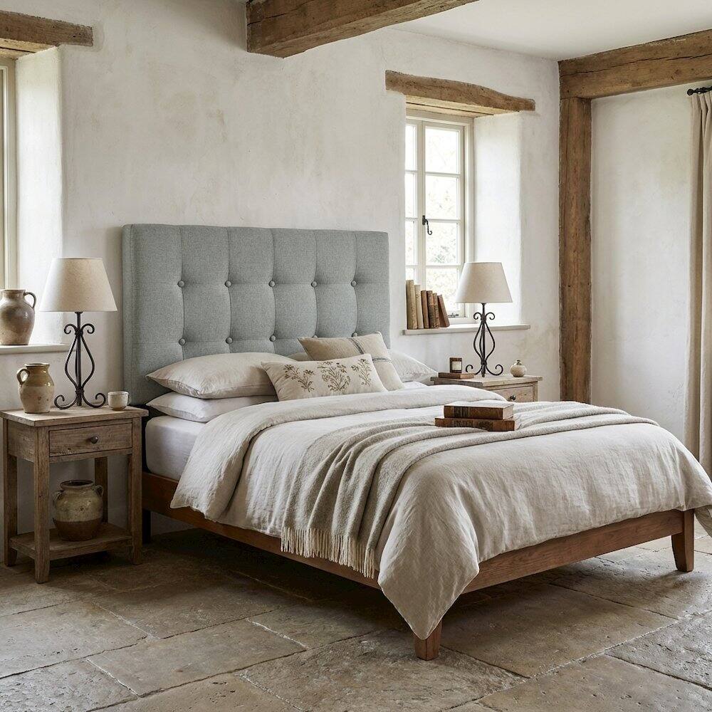 Angle. FurniFact - Upholstered Fabric Twin Headboard in Neutral Tone with Padded Design - Gray.