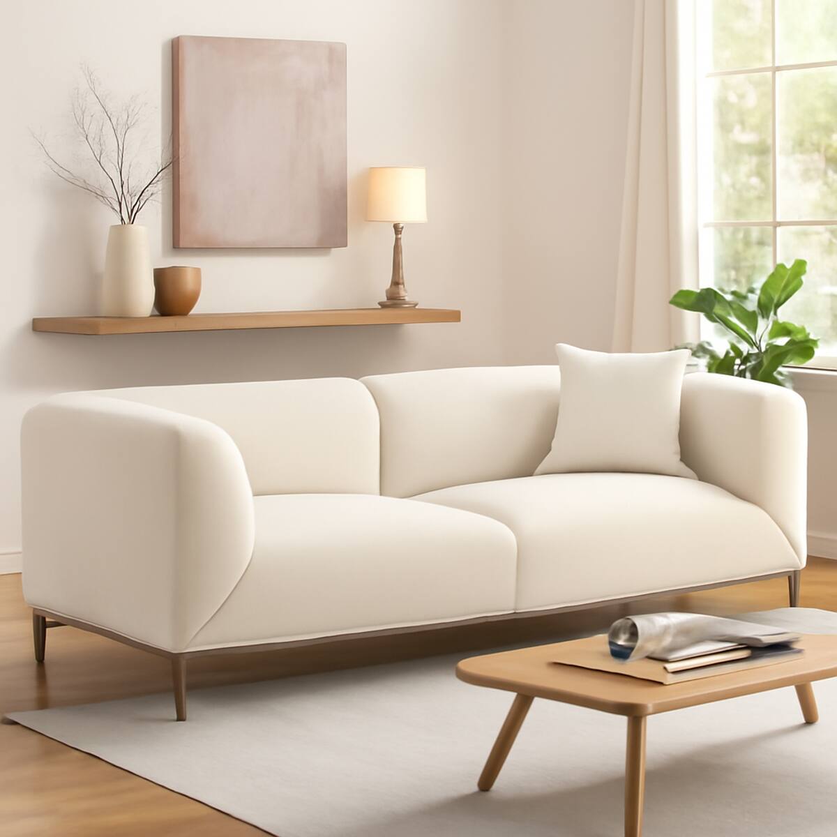 Ropilly modern beige 3 seater sofa, boucle fabric sofa with curved arms ...