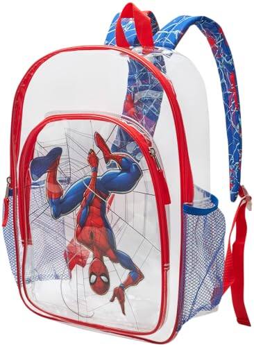 Front. Vulpecula Spade - Spiderman Backpack - Water Resistant Clear Backpack for Kids School Bag with Padded Straps and Side Pockets, Size One - Blue Spiderman.