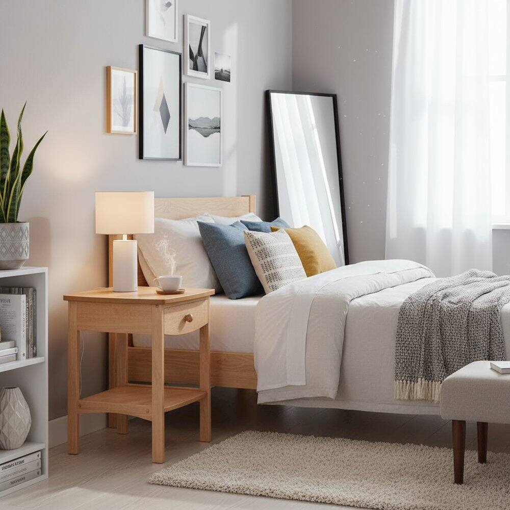 Alt View 3. FurniFact - Mid Century Nightstand In Solid Wood Natural Finish With Drawer And Shelf - Natural.