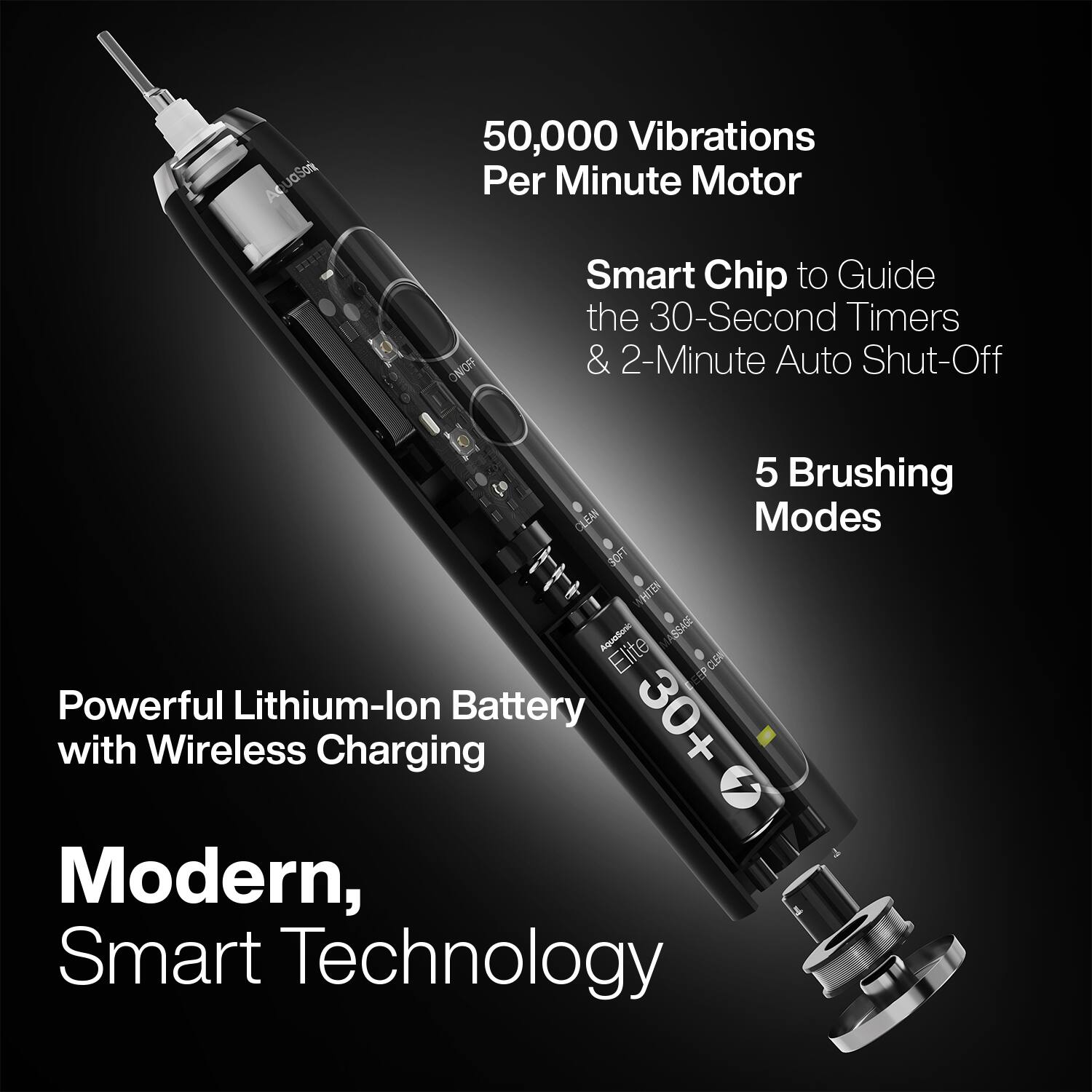 AquaSoni 50,000 Vibrations Per Minute Motor  
Smart Chip to Guide the 30-Second Timers & 2-Minute Auto Shut-Off  
5 Brushing Modes  
Powerful Lithium-Ion Battery with Wireless Charging  
Modern, Smart Technology