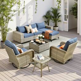 Ovios - 8 PCS Patio Wicker Furniture, Sectional Sofa Set with Coffee Table & Swivel Chairs for Garden - Denim Blue