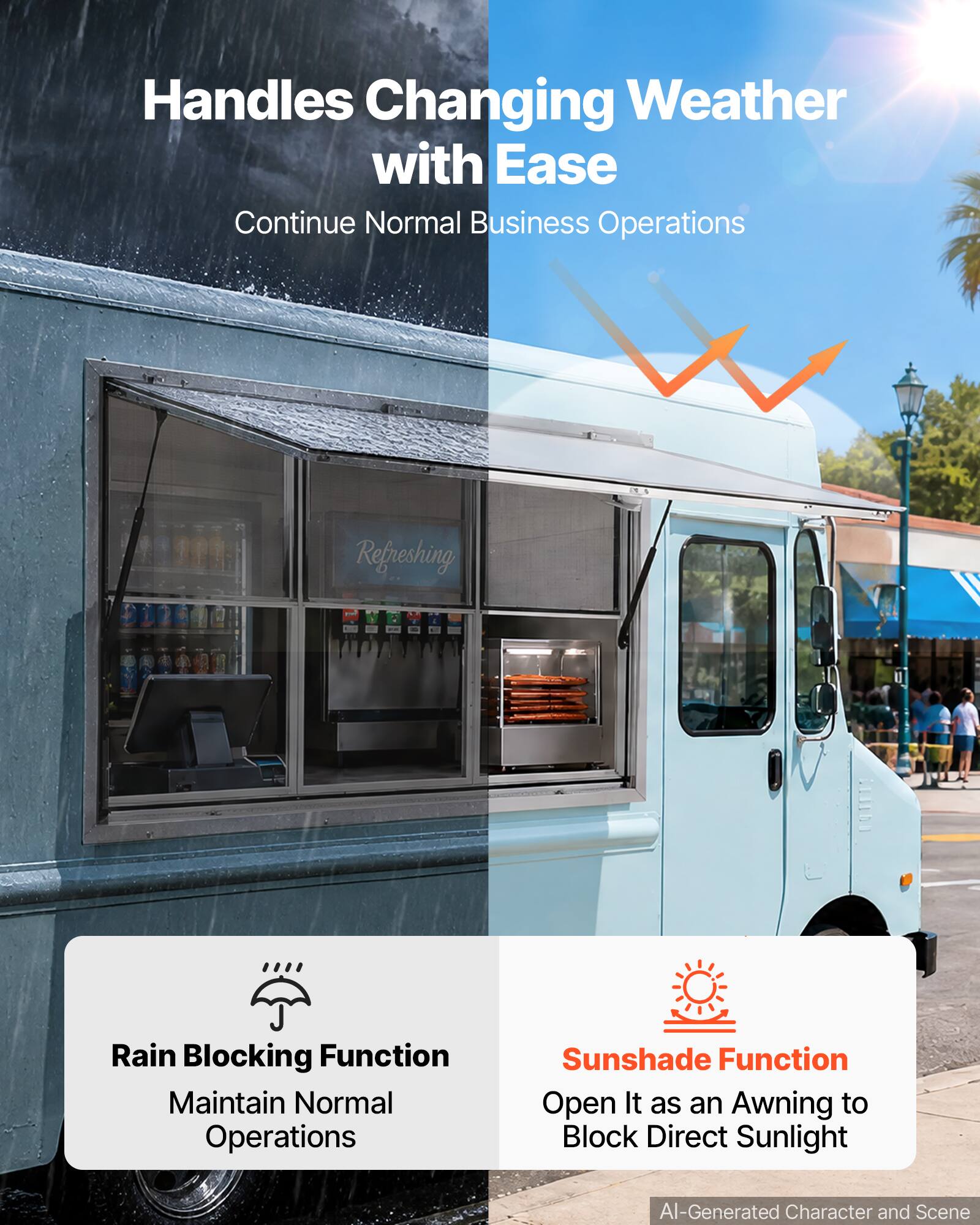 Handles Changing Weather with Ease  
Continue Normal Business Operations  

Refreshing  
Rain Blocking Function  
Maintain Normal Operations  

Sunshade Function  
Open It as an Awning to Block Direct Sunlight  

AI-Generated Character and Scene