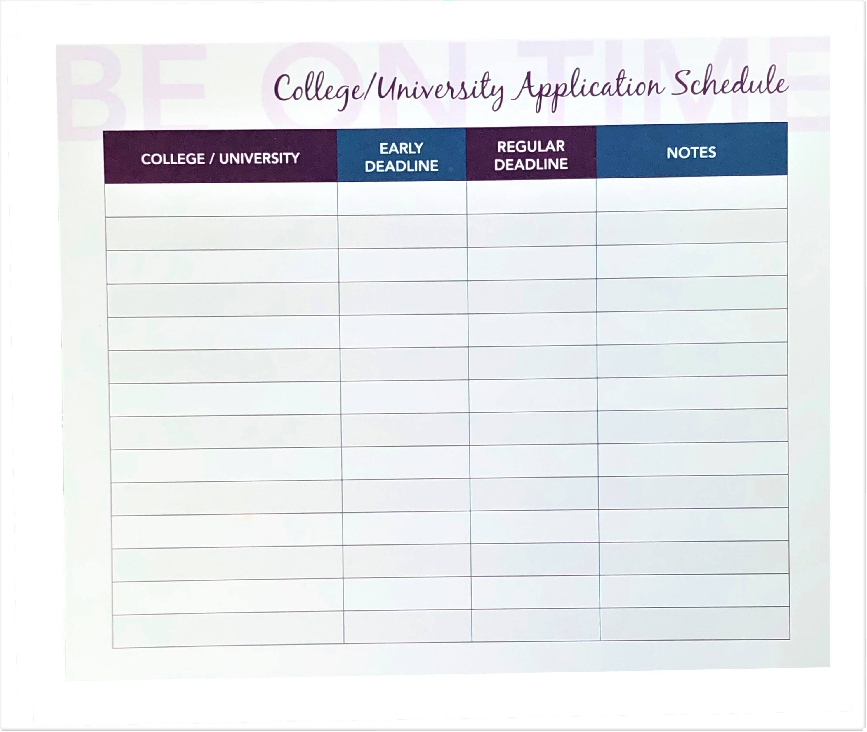 College/University Application Schedule

COLLEGE / UNIVERSITY
EARLY DEADLINE
REGULAR DEADLINE
NOTES