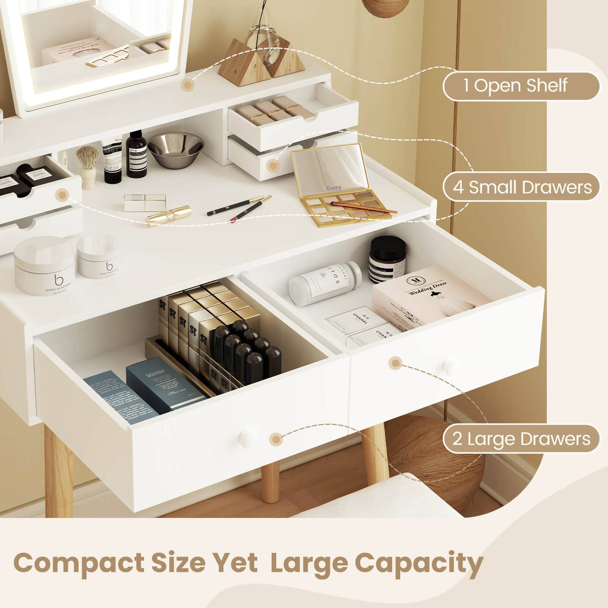 1 Open Shelf  
4 Small Drawers  
2 Large Drawers  

Compact Size Yet Large Capacity